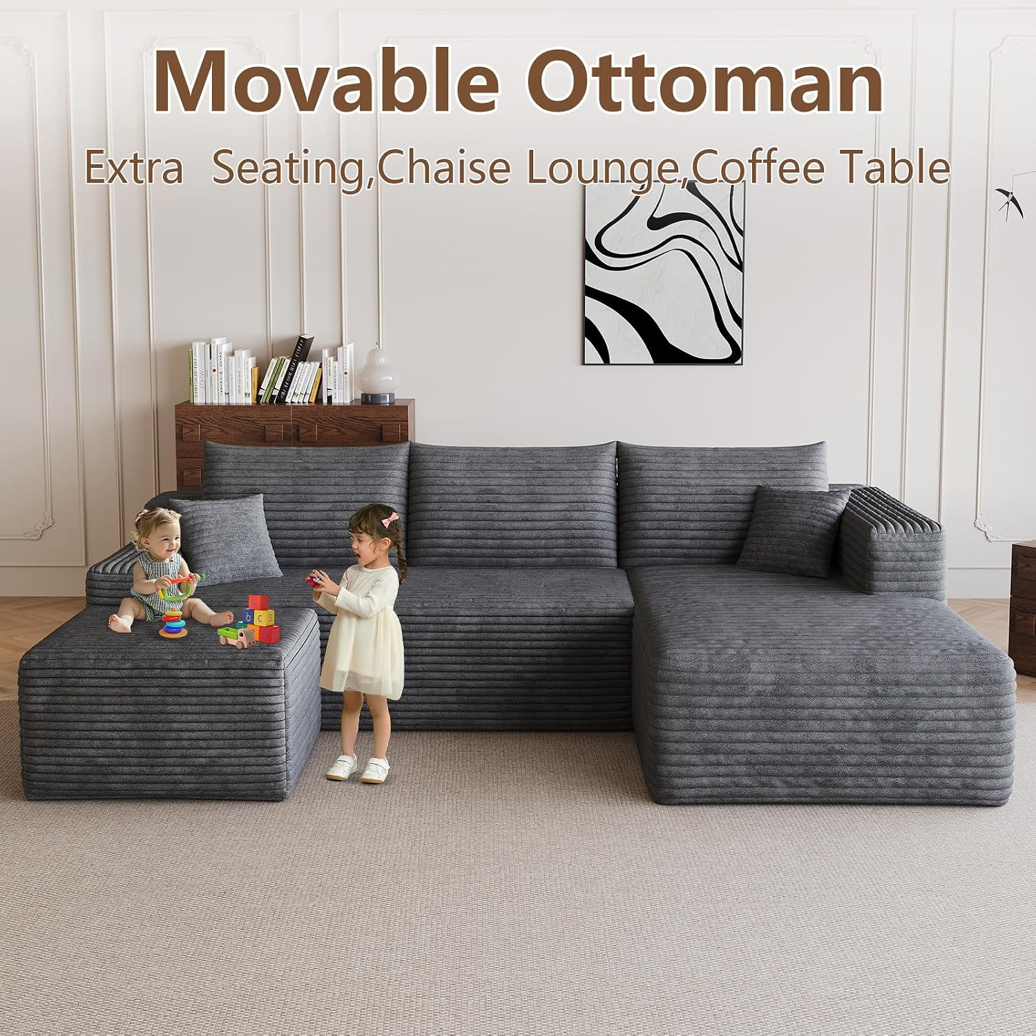 95' Modular Sectional Sofa with Ottoman, Modern Corduroy Cloud Couch Deep Seat, Boneless Couch Upholstered 3-Seater U-Shaped Sofa for Living Room, No Assembly (Dark Gray,Right-Facing Chaise)