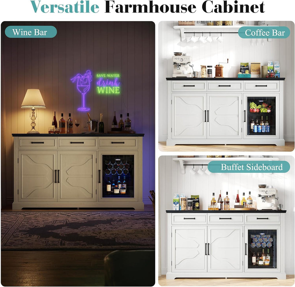 LUXOAK 60' Farmhouse Coffee Bar Cabinet with Beverage Fridge (Included), Wine Bar Cabinet with Drawer Storage, Mini Fridge Cabinet, Sideboard Cabinet for Dining Room, Living Room-White