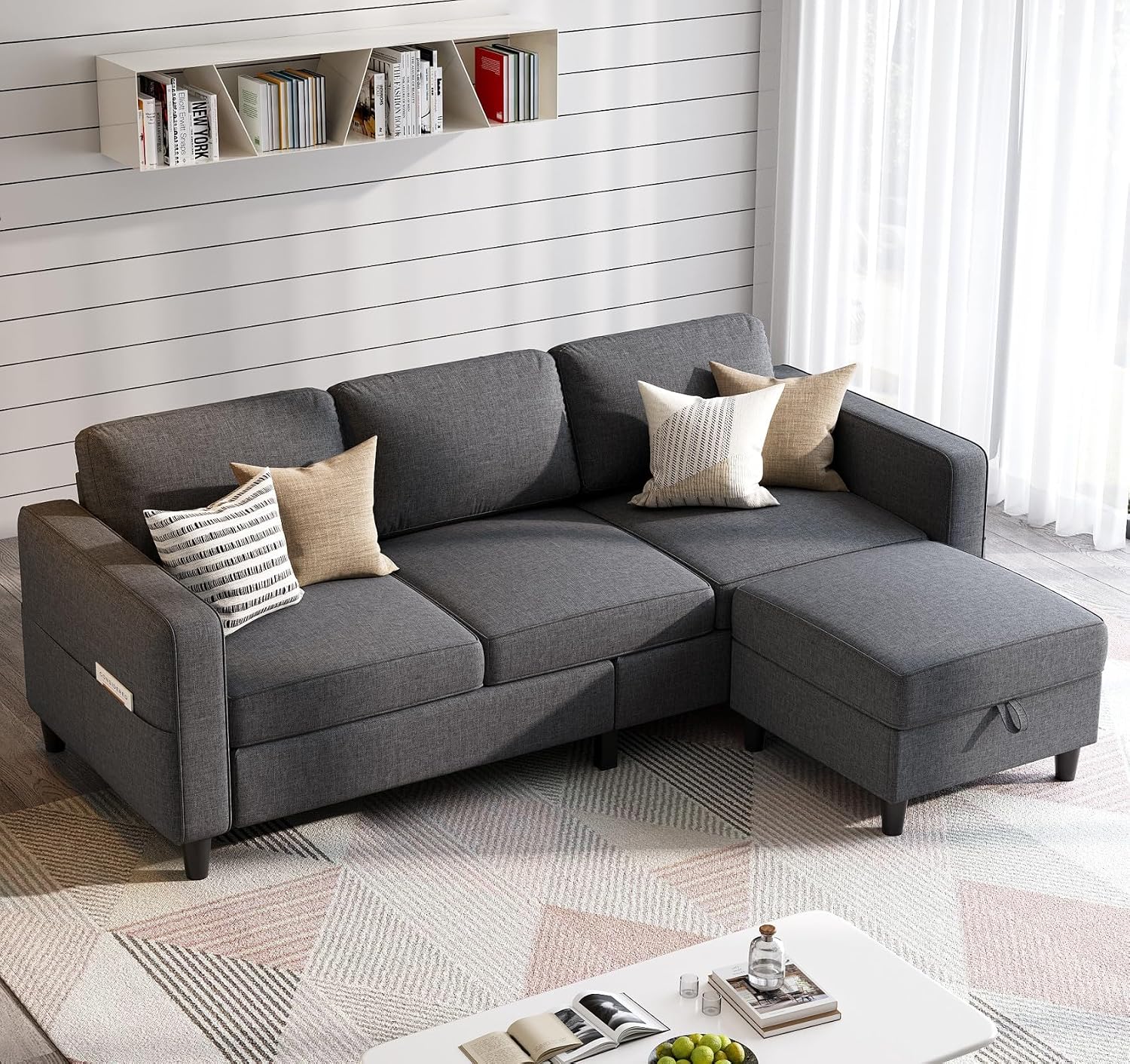 Grzyhem Sectional Sofas Couches for Living Room 78' L-Shaped Small Couch - Modern Linen Dark Grey Sofa with Storage Ottoman for Apartments, Studios Home Offices, Small Space