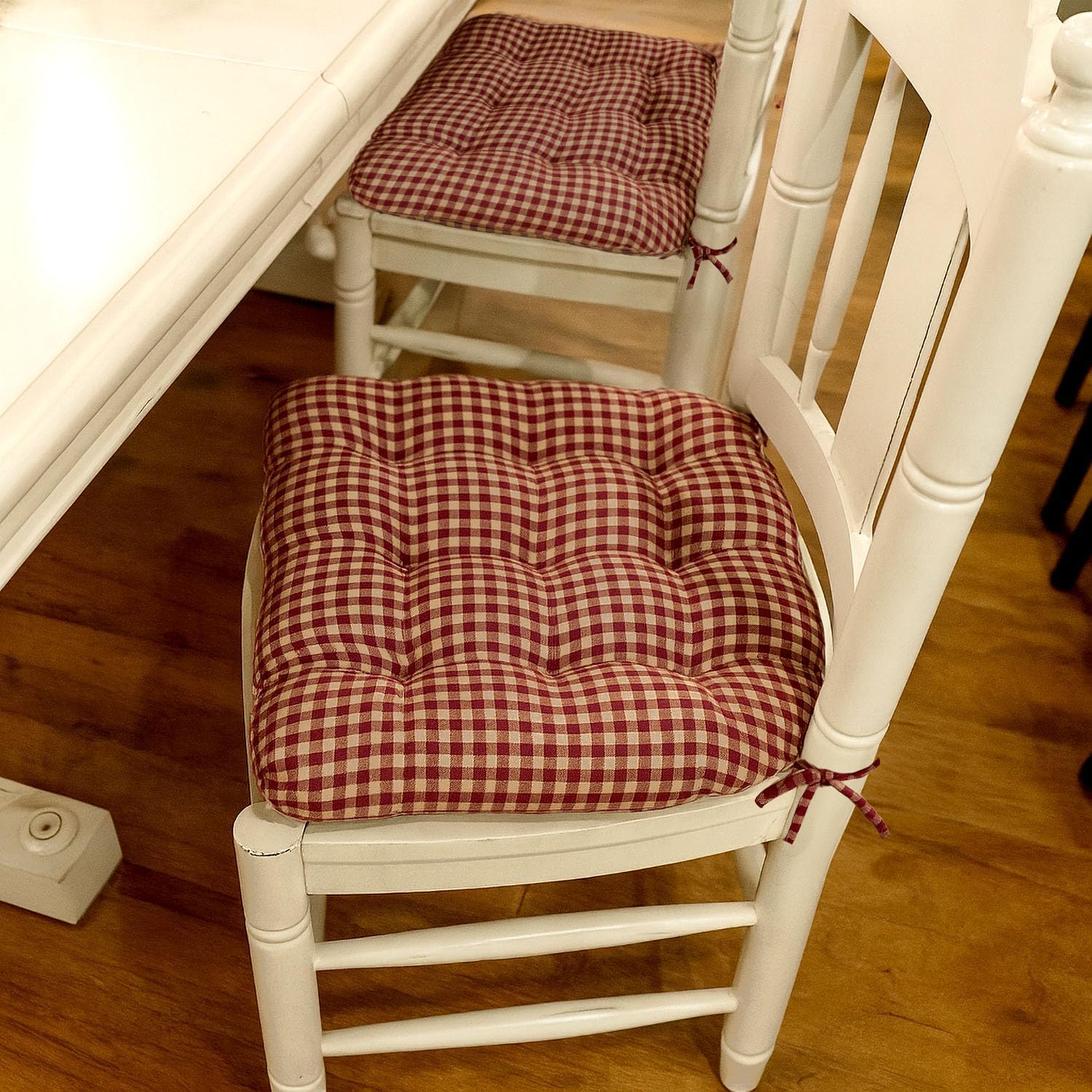 Barnett Home Decor Chair Cushions for Dining Chairs - 15x17 Kitchen Chair Cushions - Machine Washable, 100% Cotton, Made in USA - Latex Foam Chair Pads - Farmhouse Check Dark Red and Tan Pack of 4 a