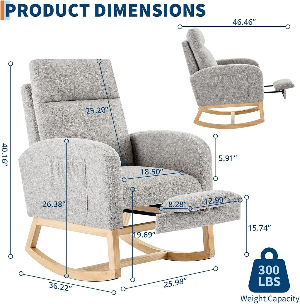 Fabric Rocking Nursery Chair for Mom Nursery,Rocking Chairs with Foot Rest,Recliner Armchair with High Backrest& Wood Legs and Side Pocket for Living Room,Bedroom,Gray