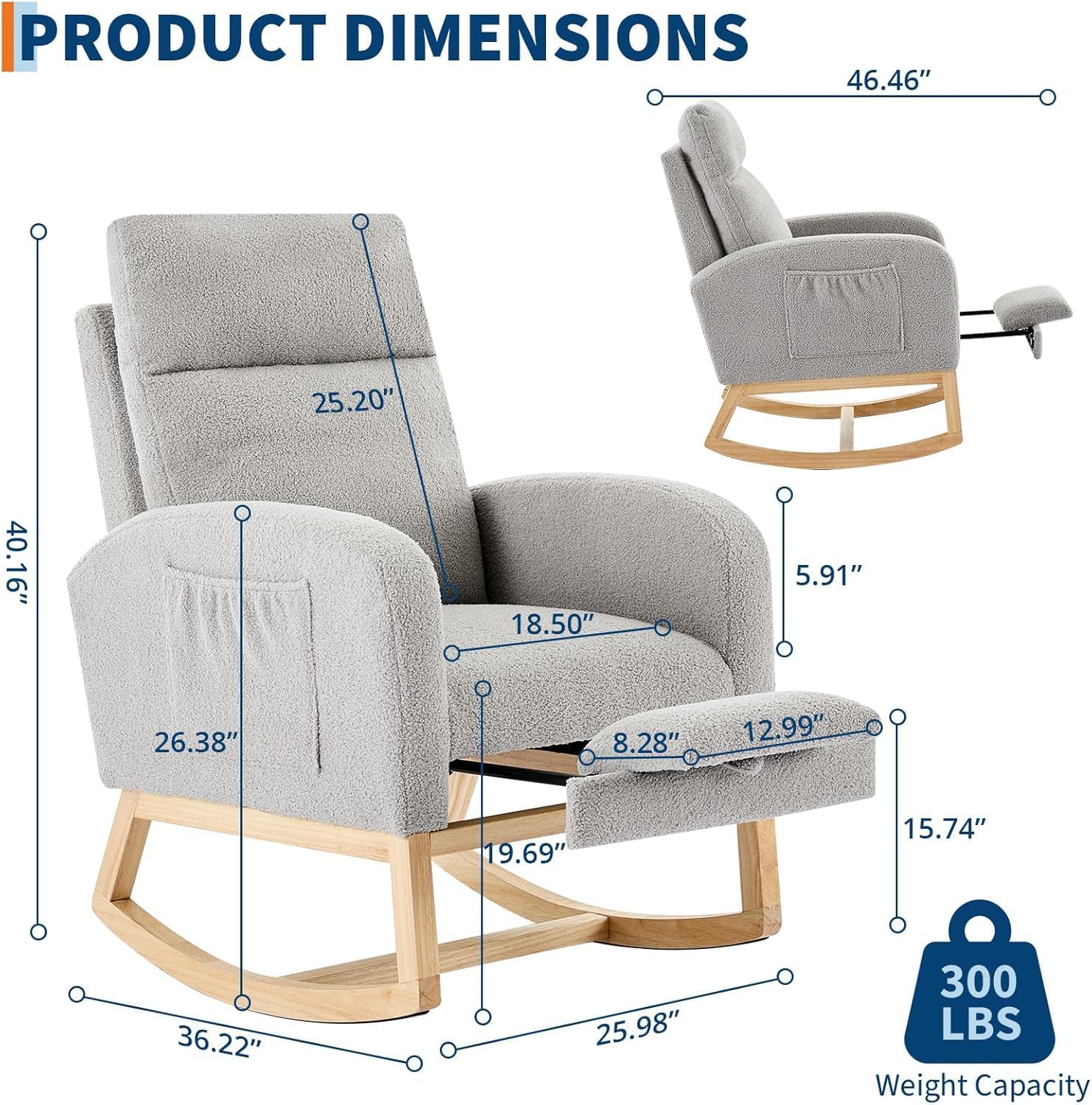 Fabric Rocking Nursery Chair for Mom Nursery,Rocking Chairs with Foot Rest,Recliner Armchair with High Backrest& Wood Legs and Side Pocket for Living Room,Bedroom,Gray