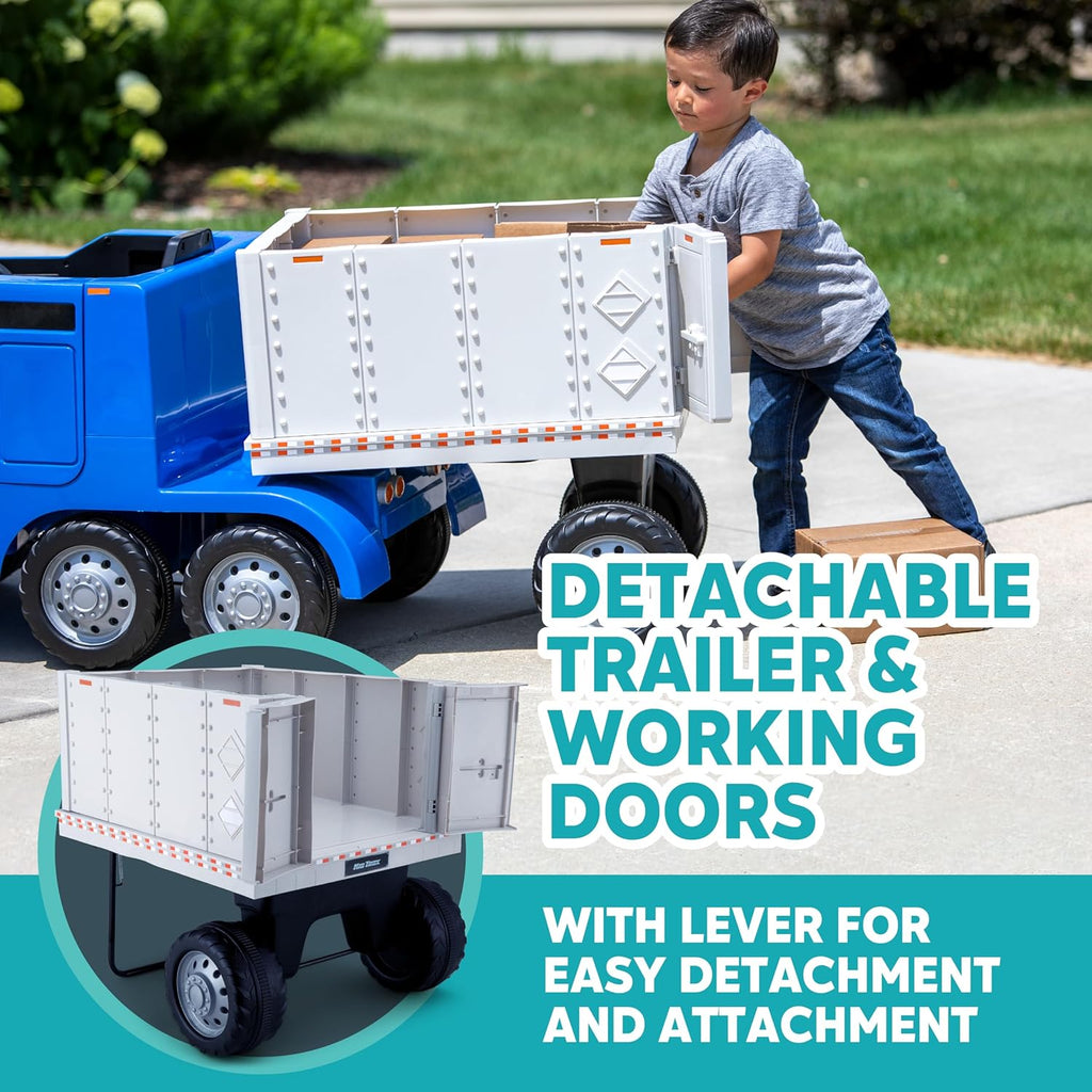 Kid Trax 12V Semi-Truck and Trailer, Battery Powered Ride-On Toy Truck, Ages 3-5, Max Weight 77 lbs, One Rider, Working Lights, Horn, Sounds, Electric Cars for Kids Ages 3-5, Kids Ride On Toys, Blue