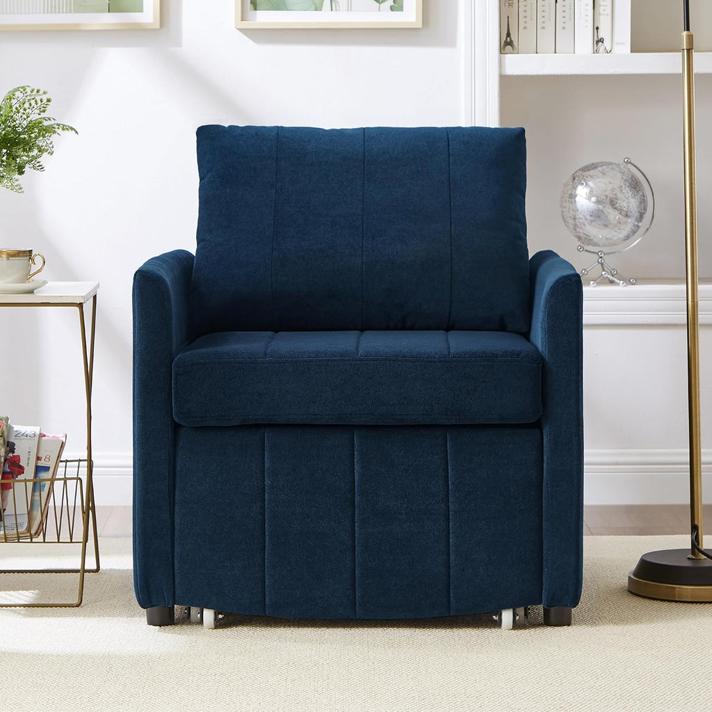 Merax Convertible Chair Bed with a Storage Basket, 3-in-1 Pull Out Sleeper Couch with 5-Position Adjustable Backrest, Linen Folding Sofa Bed for Living Room, Apartment Blue
