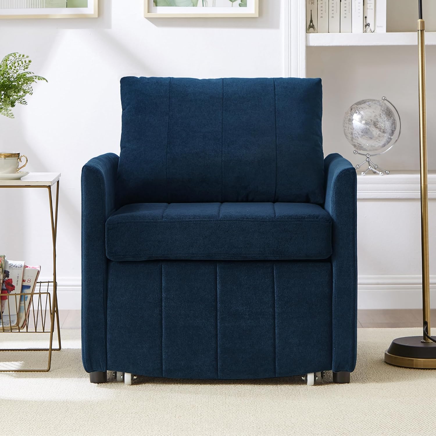 Merax Convertible Chair Bed with a Storage Basket, 3-in-1 Pull Out Sleeper Couch with 5-Position Adjustable Backrest, Linen Folding Sofa Bed for Living Room, Apartment Blue