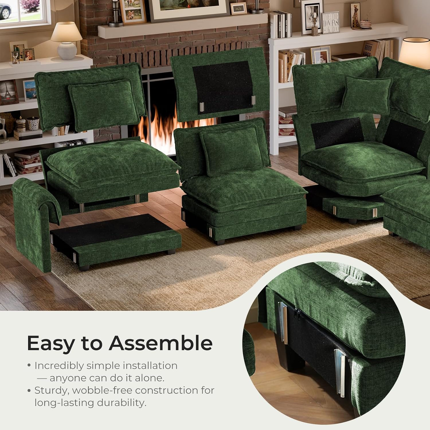 ELUCHANG 116' U Shaped Modular Sectional Cloud Couch with Pillow, Deep Seat Sofa Couches for Living Room, 5-Seat Modern Sofa with Movable Ottoman, Chenille Green