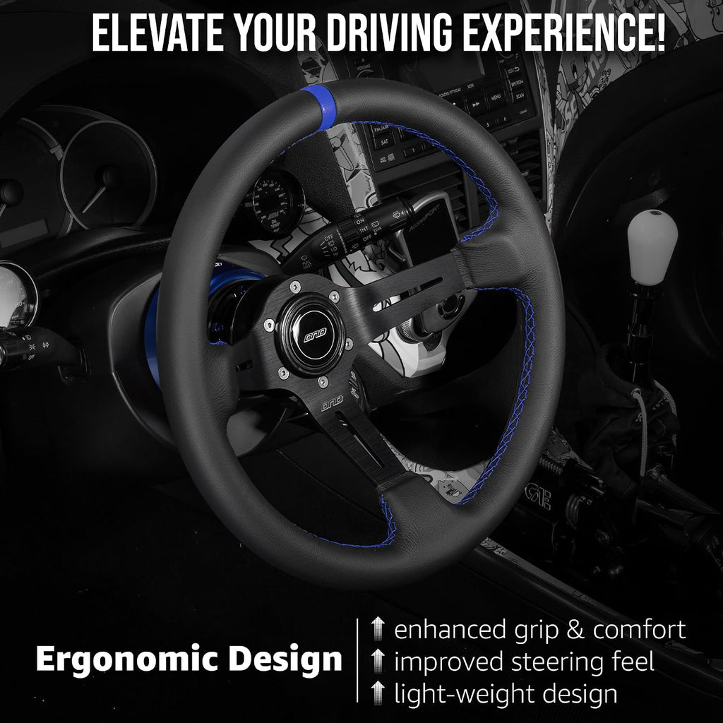 DND Performance Interior's Leather Race Steering Wheel / 350mm Diameter and 75mm Depth / 6x70mm Bolt Pattern/DND Leather Steering Wheel with Horn Button Included (Colored Stitching) (Blue)