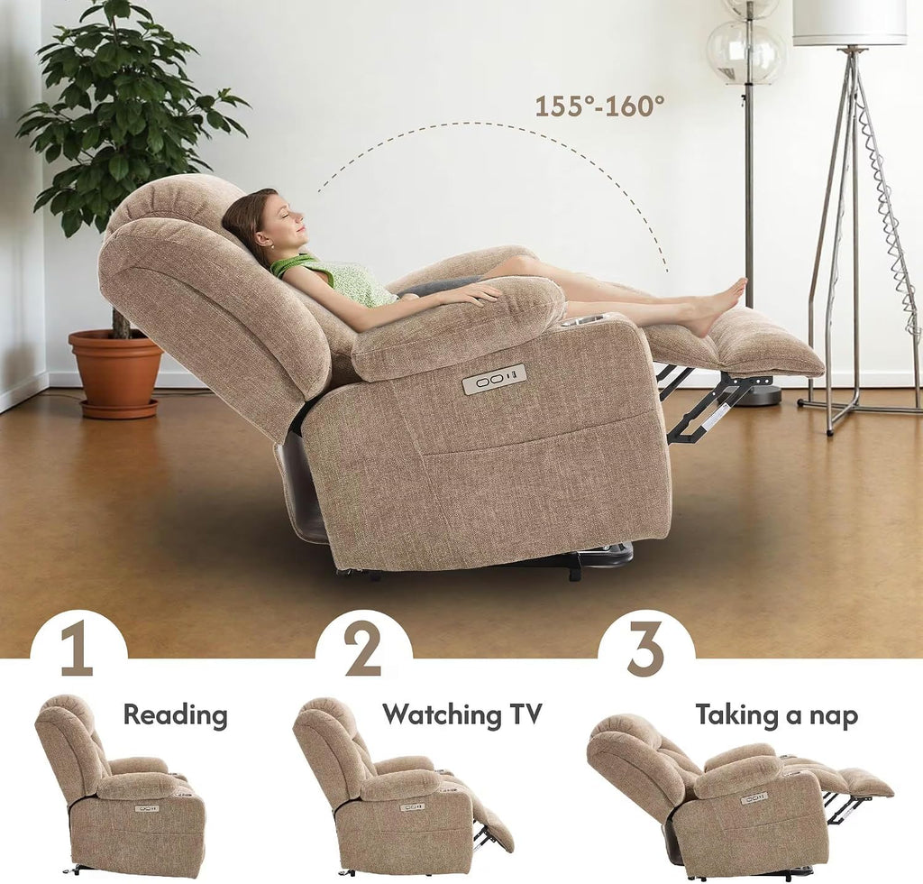 FLEXISPOT Power Lift Recliner Chair with Massage & Heat, Single Motor Lift Chair, Chenille Fabric Upholstery, USB/Type-C, Cup Holders, Side Pockets