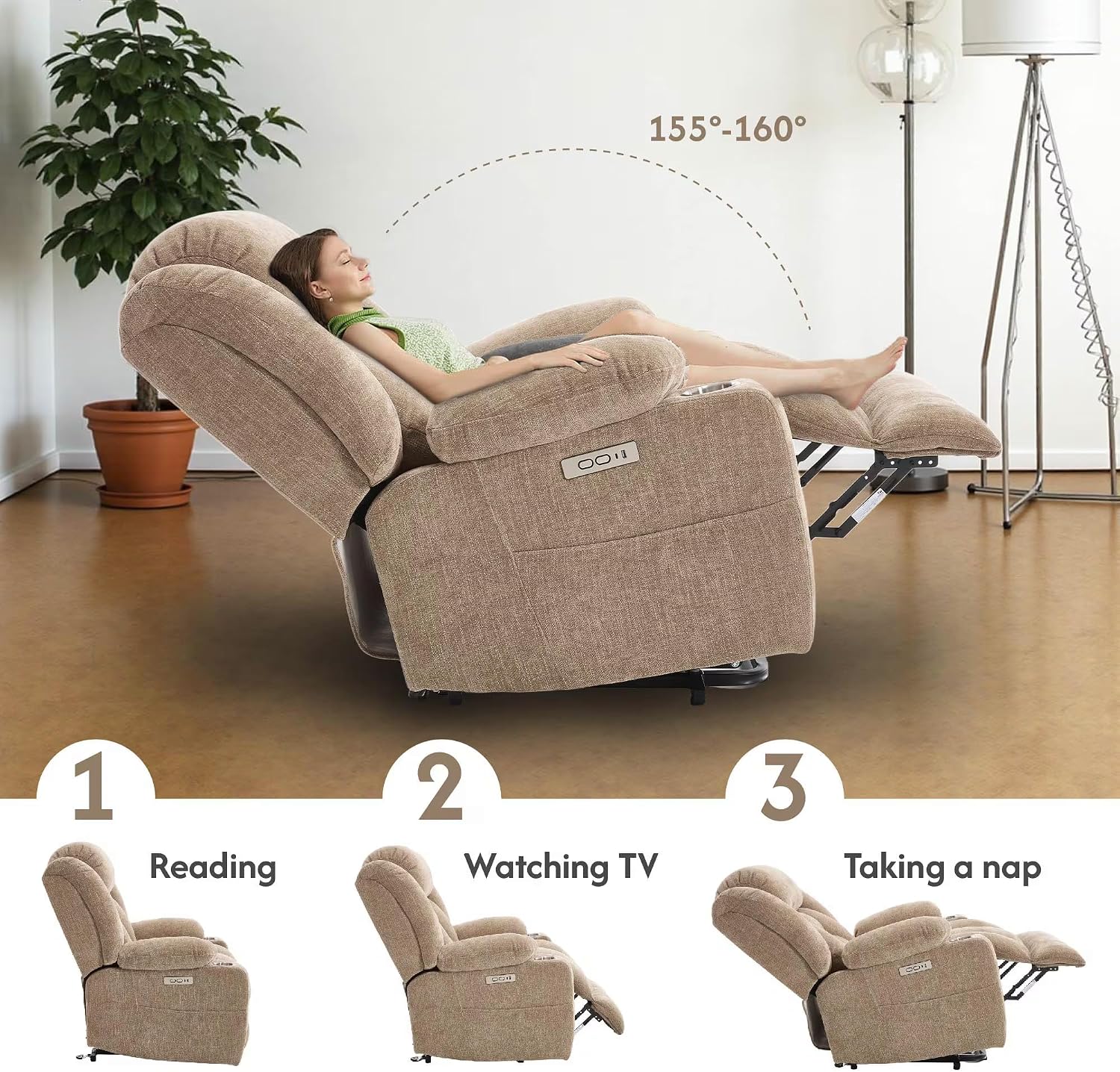FLEXISPOT Power Lift Recliner Chair with Massage & Heat, Single Motor Lift Chair, Chenille Fabric Upholstery, USB/Type-C, Cup Holders, Side Pockets