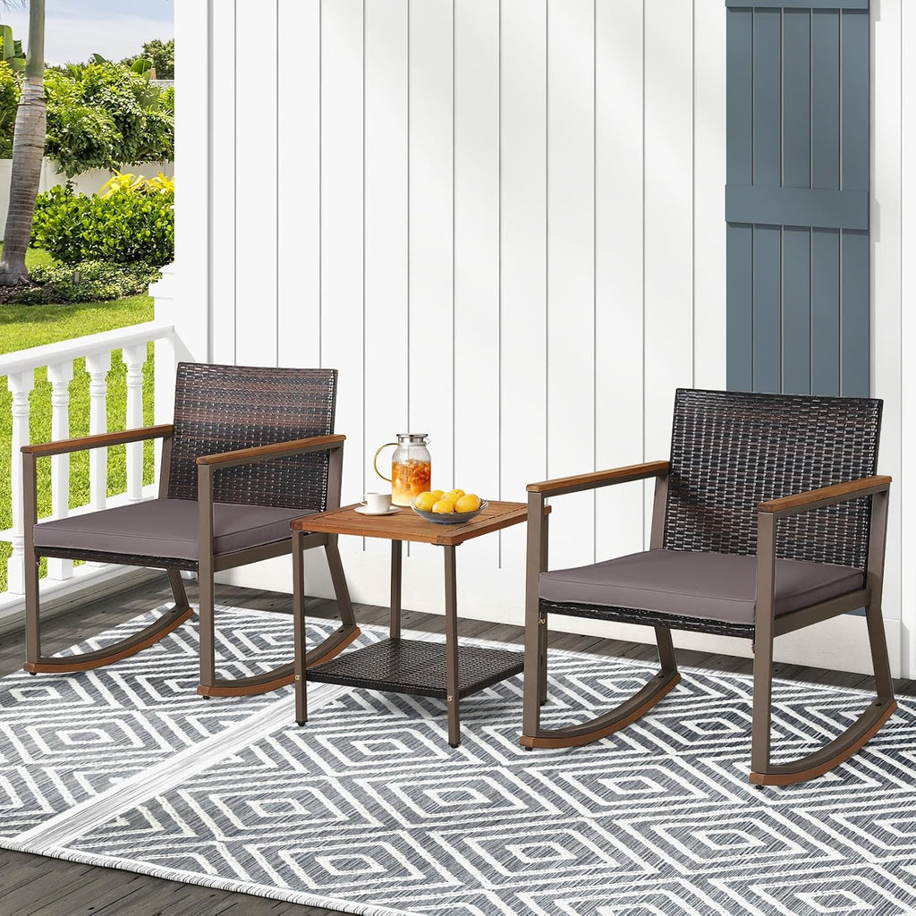 Outdoor Rocking Chair Set, 3 Pieces Patio Set Rocking Chair with Coffee Table & Cushions, Patio Wicker Furniture Set Outdoor Bistro Set for Balcony, Porch & Backyard (Gray)