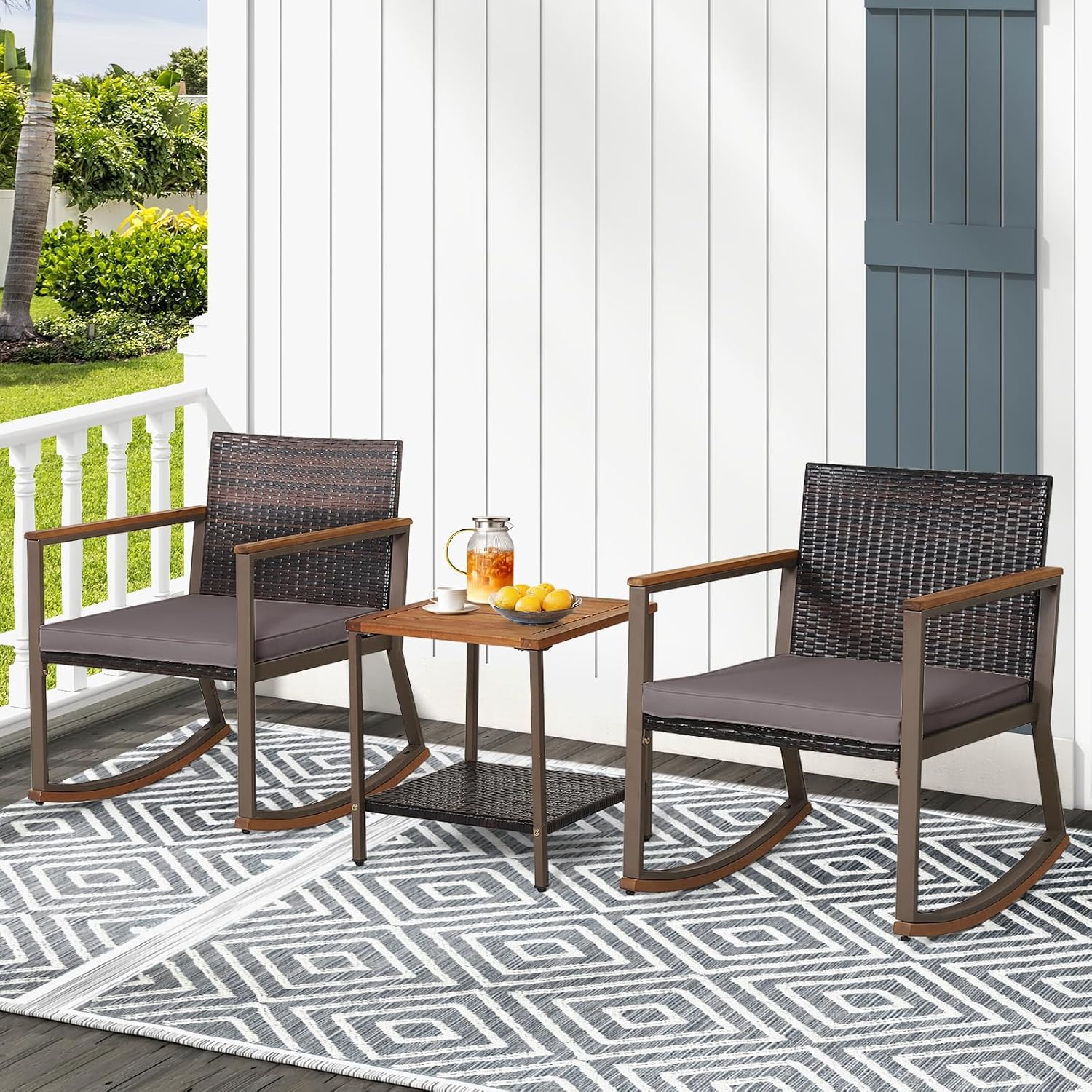 Outdoor Rocking Chair Set, 3 Pieces Patio Set Rocking Chair with Coffee Table & Cushions, Patio Wicker Furniture Set Outdoor Bistro Set for Balcony, Porch & Backyard (Gray)