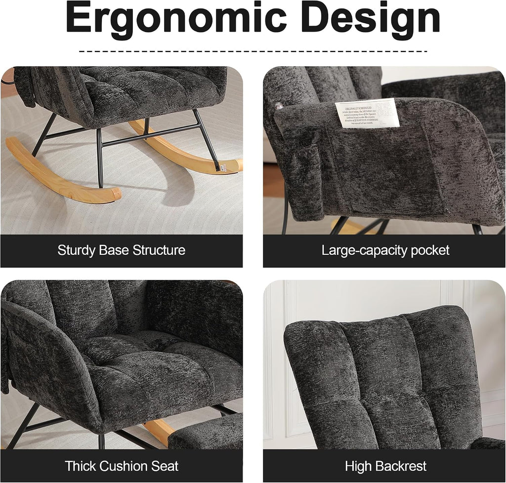 Rocking Chair Nursery with Airbag, Comfy Modern Nursery Rocking Reading Chair Indoor with Footrest, Cozy Upholstered Glider Rocker Chairs for Living Room Bedroom Offices, (Chenille, Black)