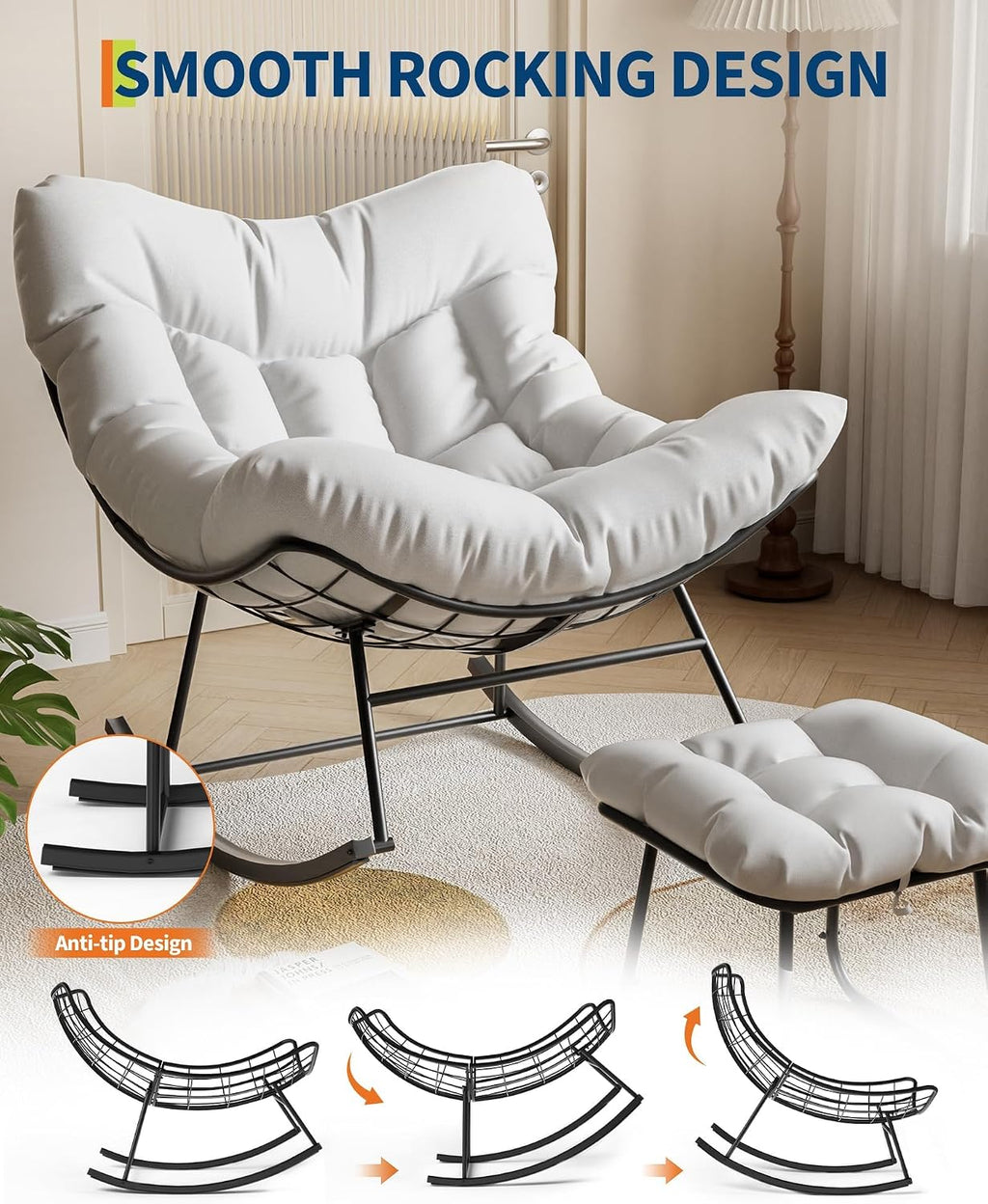 CuisinSmart Patio Rocking Chair, Outdoor Oversized Papasan Rocking Chair with Ottoman, 450lb Capacity, All-Weather PE Rattan Egg Rocker for Porch, Backyard, Balcony