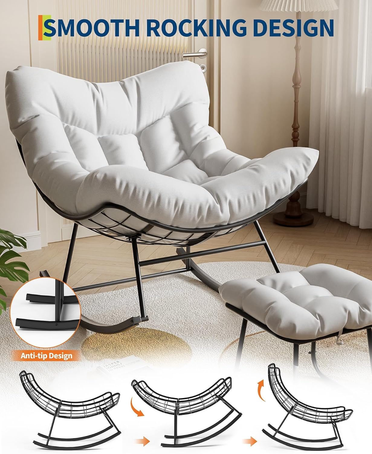 CuisinSmart Patio Rocking Chair, Outdoor Oversized Papasan Rocking Chair with Ottoman, 450lb Capacity, All-Weather PE Rattan Egg Rocker for Porch, Backyard, Balcony