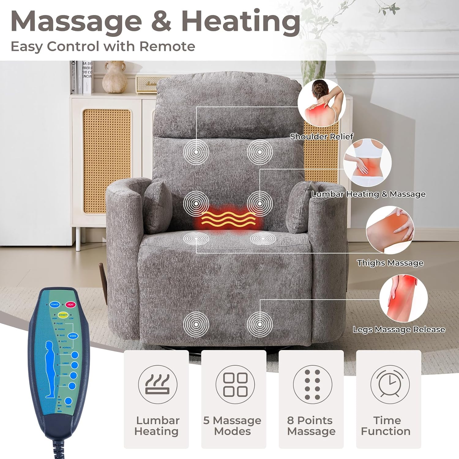 Oversized Swivel Rocker Recliner Chair with Massage and Heat, Manual Swivel Glider Rocker Recliner with 2 Bolster Pillows, Rocking Nursery Chair with Storage Ottoman , Adjustable Headrest, Dark Grey