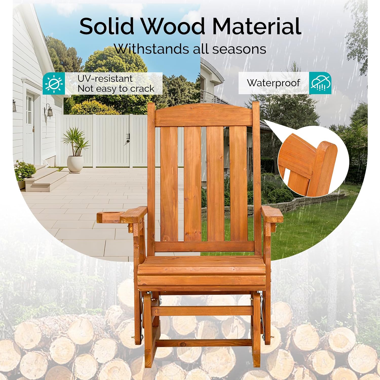 VINGLI Wooden Patio Glider, Heavy Duty 600 LBS Outdoor Glider with Cup Holders, Single Wooden Glider Bench with High Backrest for Garden, Yard, Patio, Teak