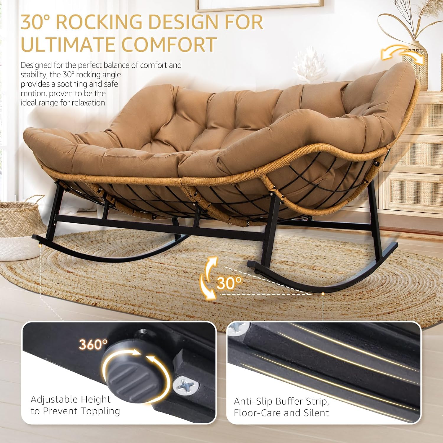 NICESOUL Patio Papasan Rocking Chair for 2, Indoor Outdoor Double Egg Recliner Rocker w/Padded Cushion, Large Wide Oversized Rattan Lounge Glider for Living Room Balcony Inside Outside, Brown