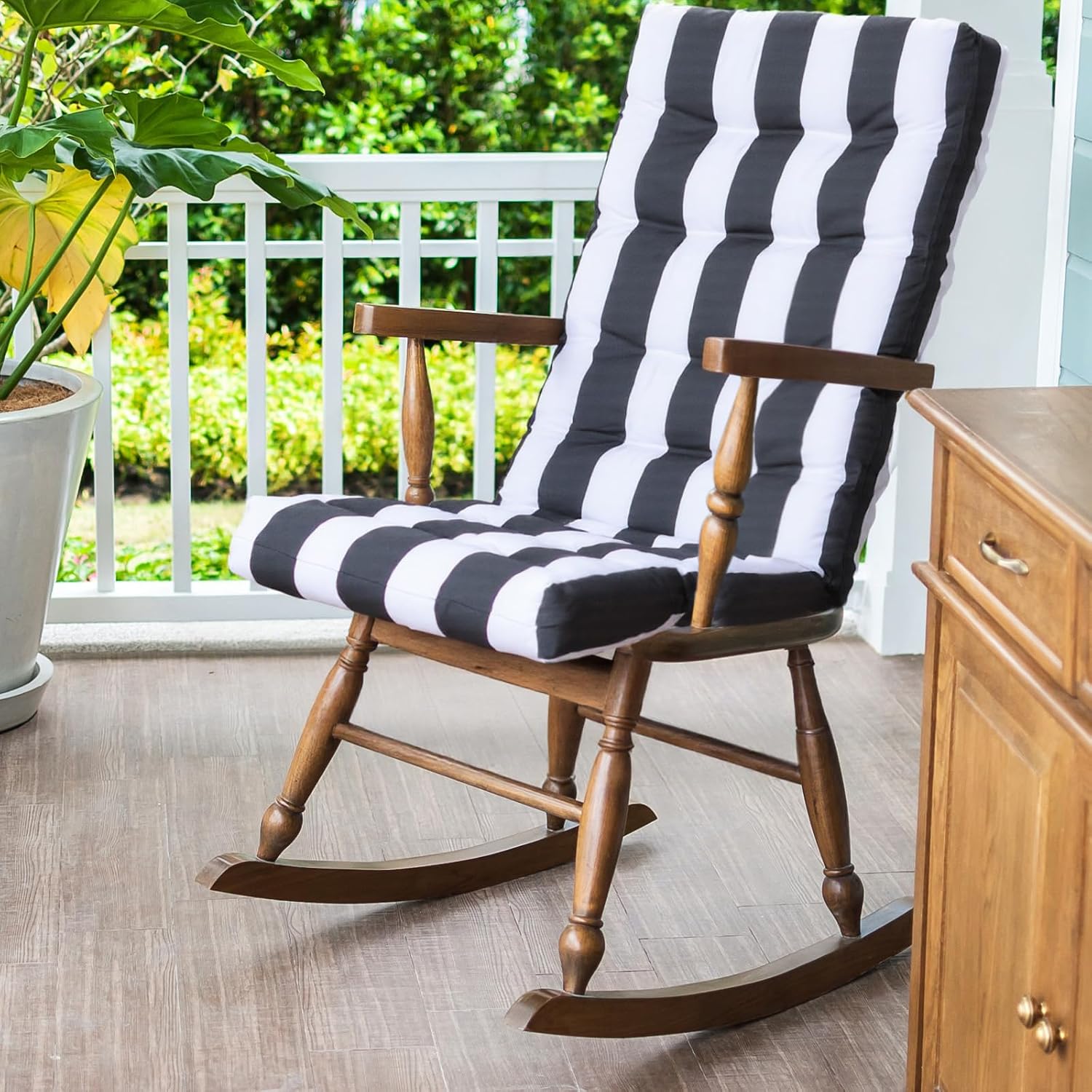 Hoteam 6 Pcs High Back Chair Cushions Set - 44'' x 21'' Indoor Outdoor Waterproof Soft Thicken Stripes Replaceable Cushion for Garden Summer Rocking Chair, Patio Furniture (Black Stripes)