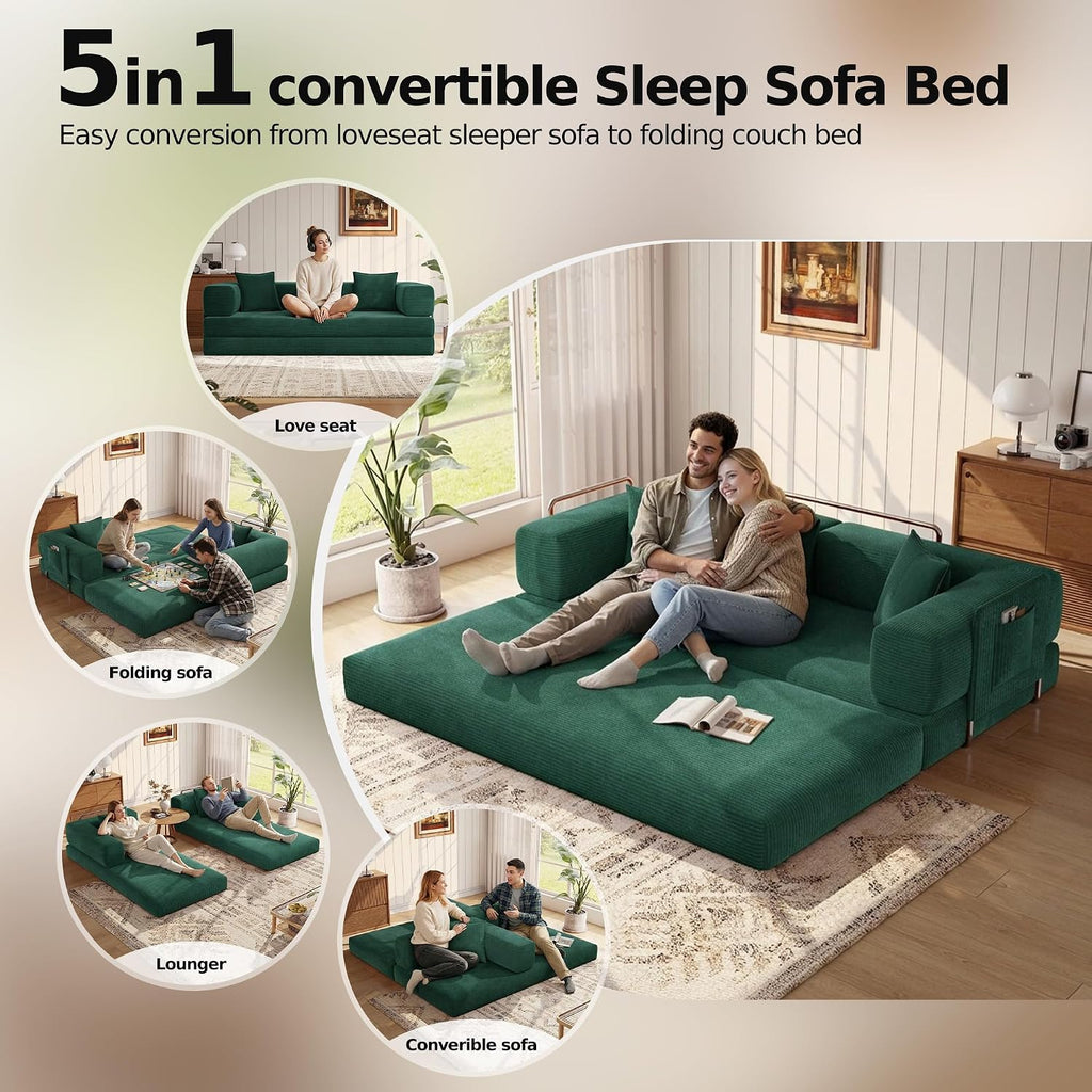 MoonSpeak 78.8''Sleeper Couch Bed for Livingroom,Convertible Modular Sofa with Armrest Pillow,Modular Foldable Corduroy Couches in a Box,No Assembly (Emerald Green)