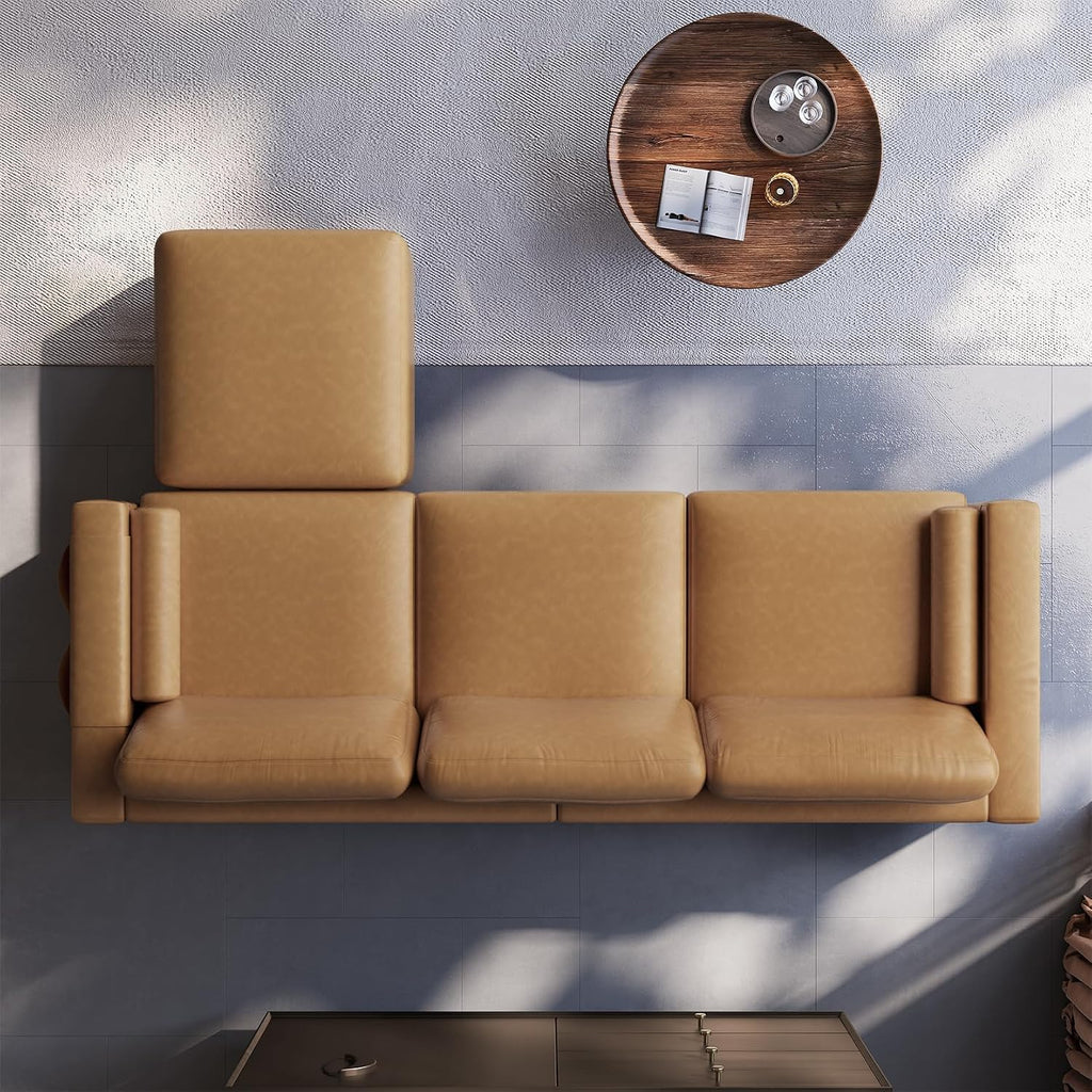 Vesgantti 100' L Shaped PU Leather Sofa with Movable Ottoman, 3 Seater Faux Leather Couch with Side Pocket, Comfy Modern Modular Sectional Couch for Living Room, Apartment, Camel