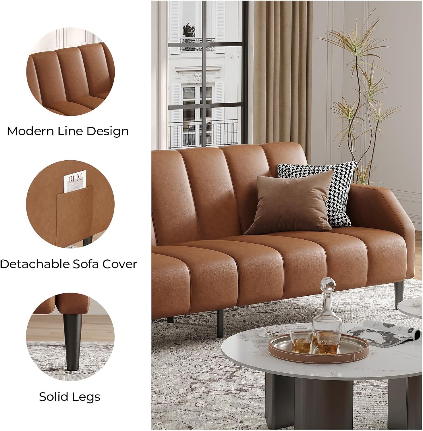 COPIAE Faux Leather Sofa Bed, 78' Futon Sofa Bed, Adjustable Futon Set Backrest, Sleeper Sofa Couch, Modern Decor Love Seat Couches, Upholstered Couch for Living Room, Bedroom, Light Brown
