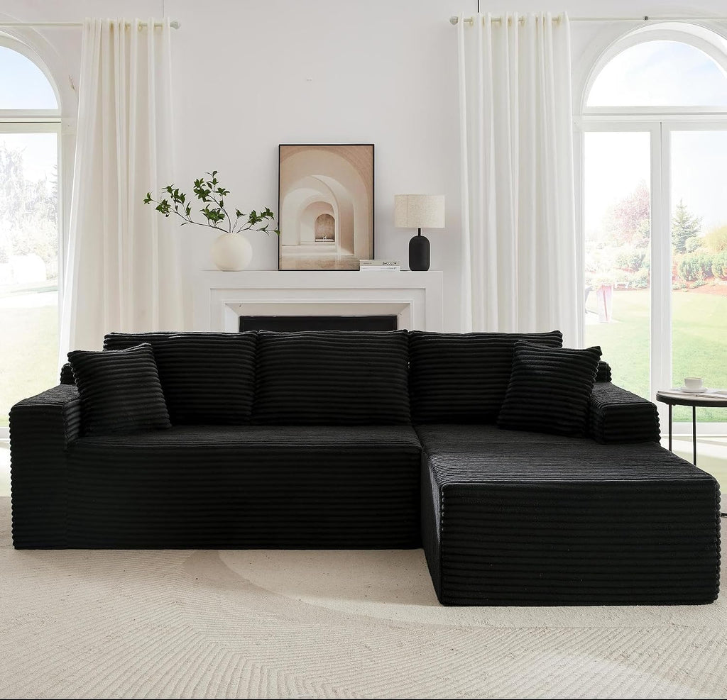 Cloud Couch Sectional, L Shaped Boneless Couch Sectional Couches for Living Room, Modern Comfy Corduroy Fluffy Modular Sofa with Deep Seat, No Assembly (Black, Right Facing Chaise)
