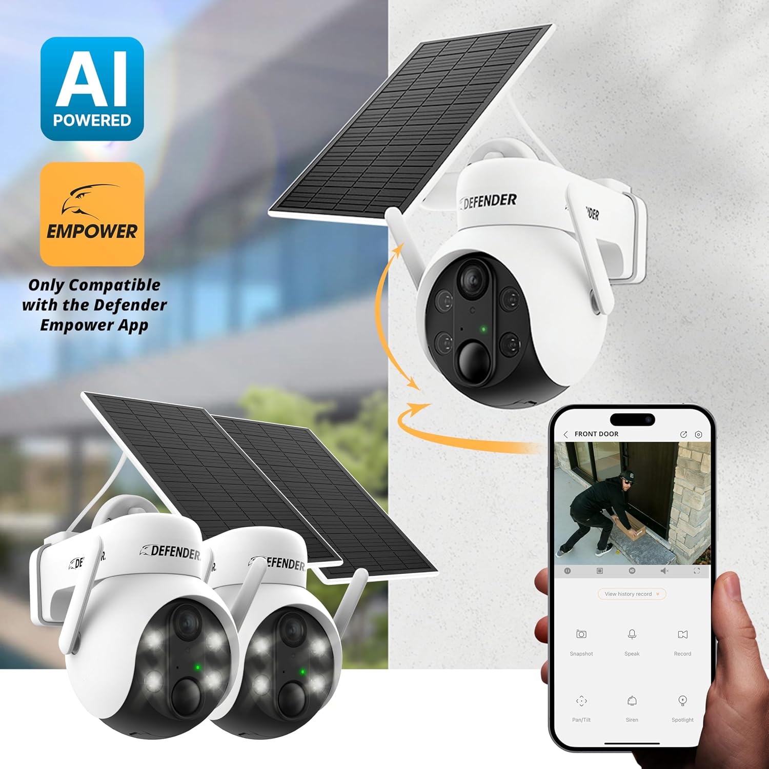 Defender Solar Powered Security Camera | 4K/8MP AI Everwatch PTZ | Wireless Outdoor Camera | Night Vision | AI Tracking Camera | Two-Way Talk | Motion Sensor | IP65 Rated | No Monthly Fees | Pack of 2