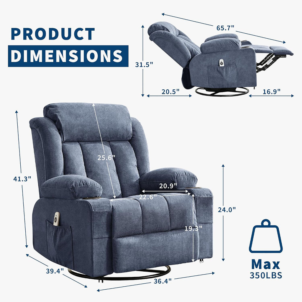 GarveeHome Rocker Swivel Recliner Chair with Heat Massage Large Wide Rocking Lazy Boy Single Sofa Seat with 3 Positions 2 Side Pockets Cup Holders USB Ports Remote Control (Blue)
