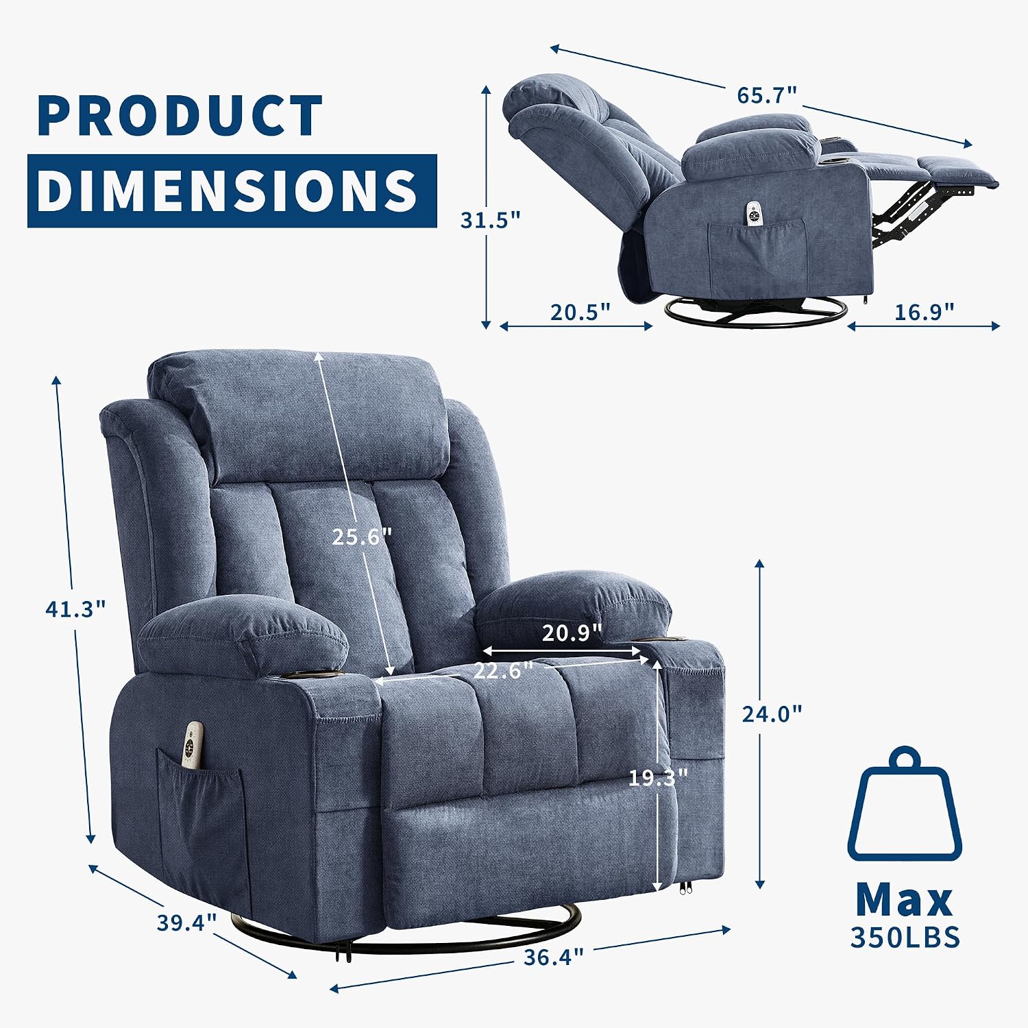 GarveeHome Rocker Swivel Recliner Chair with Heat Massage Large Wide Rocking Lazy Boy Single Sofa Seat with 3 Positions 2 Side Pockets Cup Holders USB Ports Remote Control (Blue)