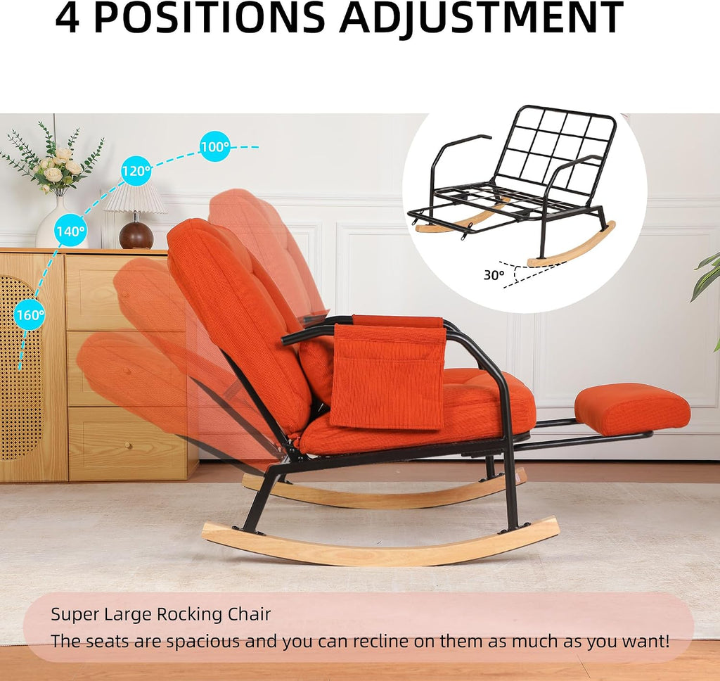Oversized Rocking Chair, Extra-Wide Glider Patio Rocker Chairs with Foot Rest, Padded Cushion, Adjustable Backrest, Mental Wooden Farm, Indoor/Outdoor Living Room Bedroom Balcony Porch, Orange