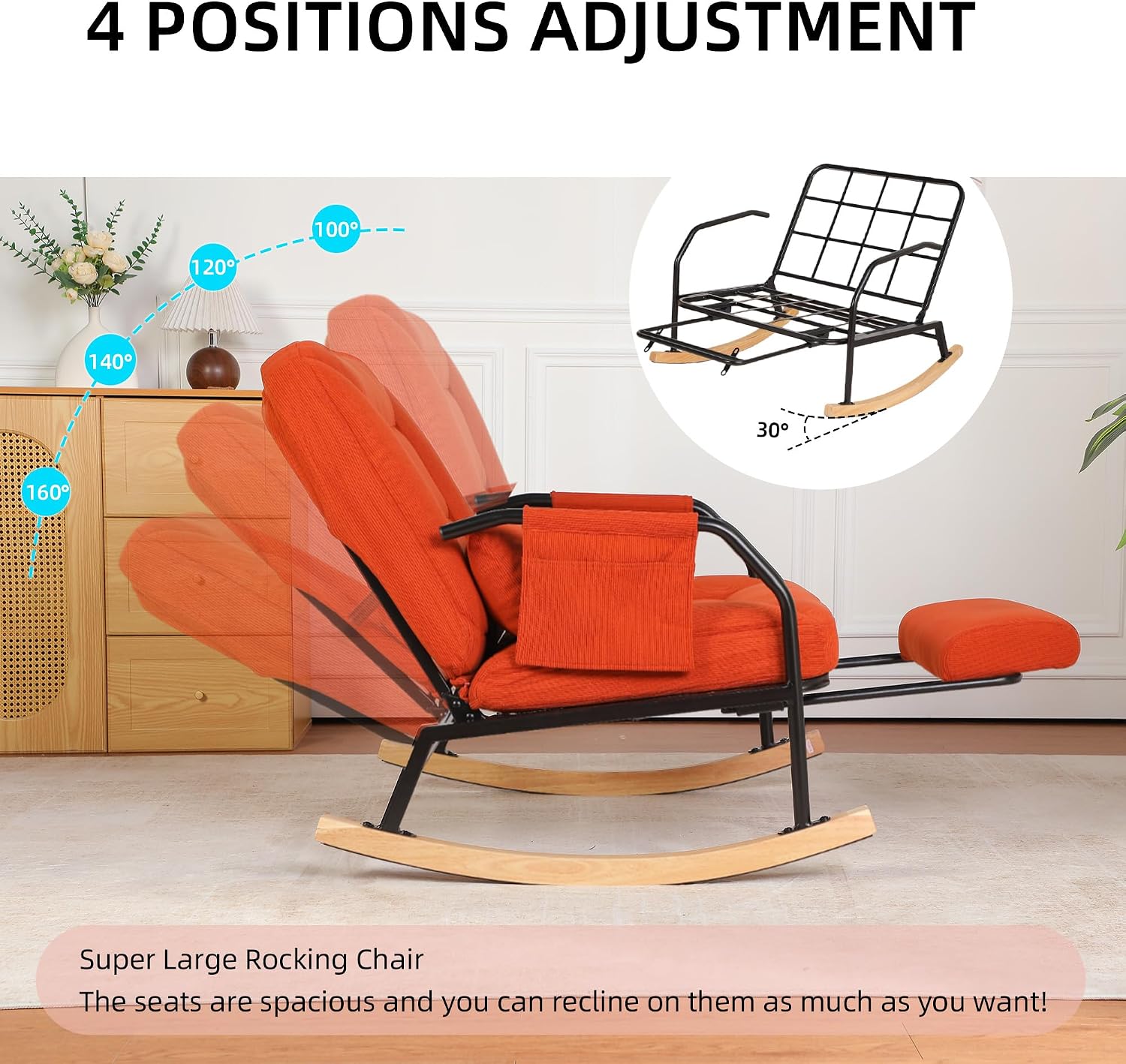 Oversized Rocking Chair, Extra-Wide Glider Patio Rocker Chairs with Foot Rest, Padded Cushion, Adjustable Backrest, Mental Wooden Farm, Indoor/Outdoor Living Room Bedroom Balcony Porch, Orange