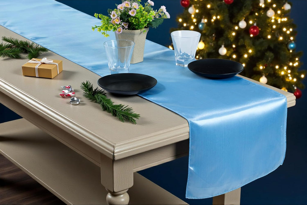 MDS 50 PCS Satin Table Runners 12 x 108 Inch Charmeuse Sateen Silk Table Runner for Indoor Outdoor Wedding Reception Birthday Graduation Party Event Banquet Dining Table Decoration - Baby Blue