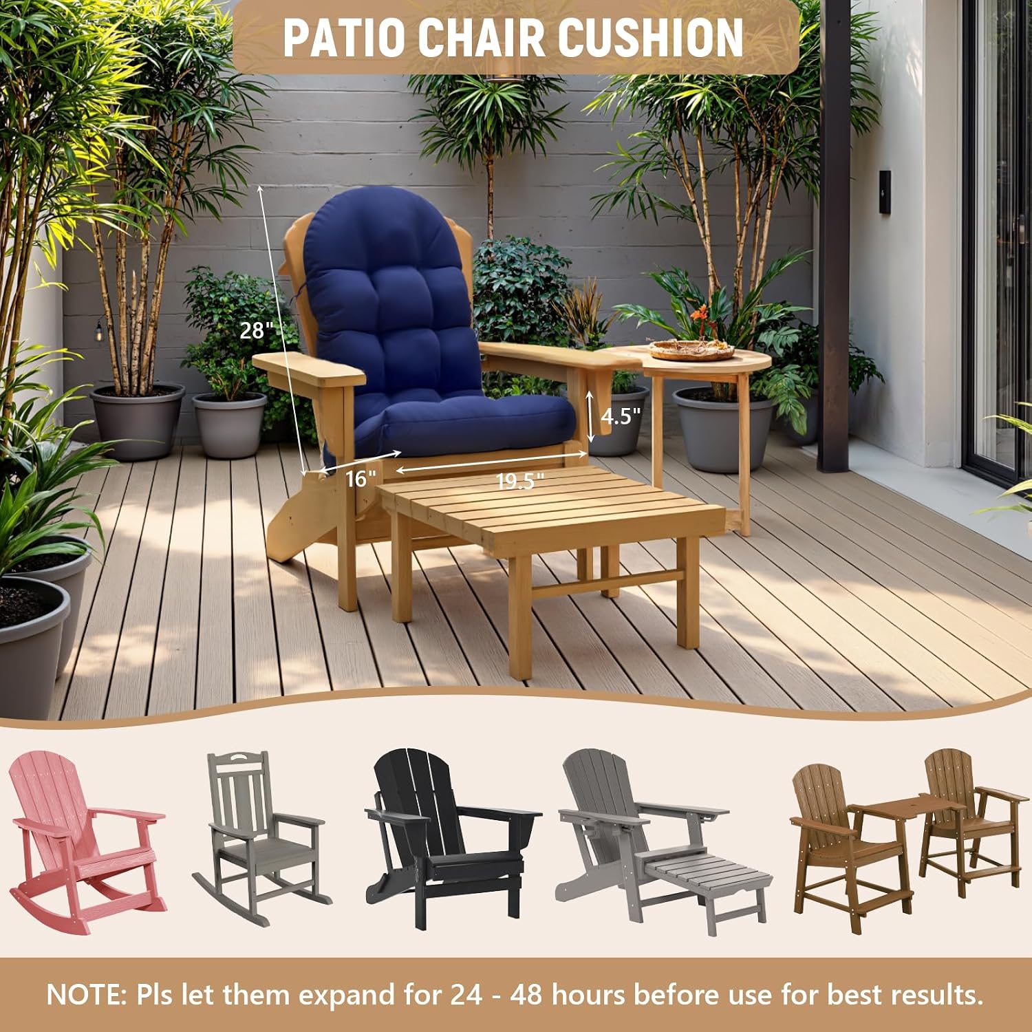 Sannwsg Adirondack Chair Cushion Set of 4, Rocking Chair Cushions, High Back Patio Cushions, Thickened Weather Resistant Patio Cushion with 6 Ties, Non Slip Fade & Waterproof