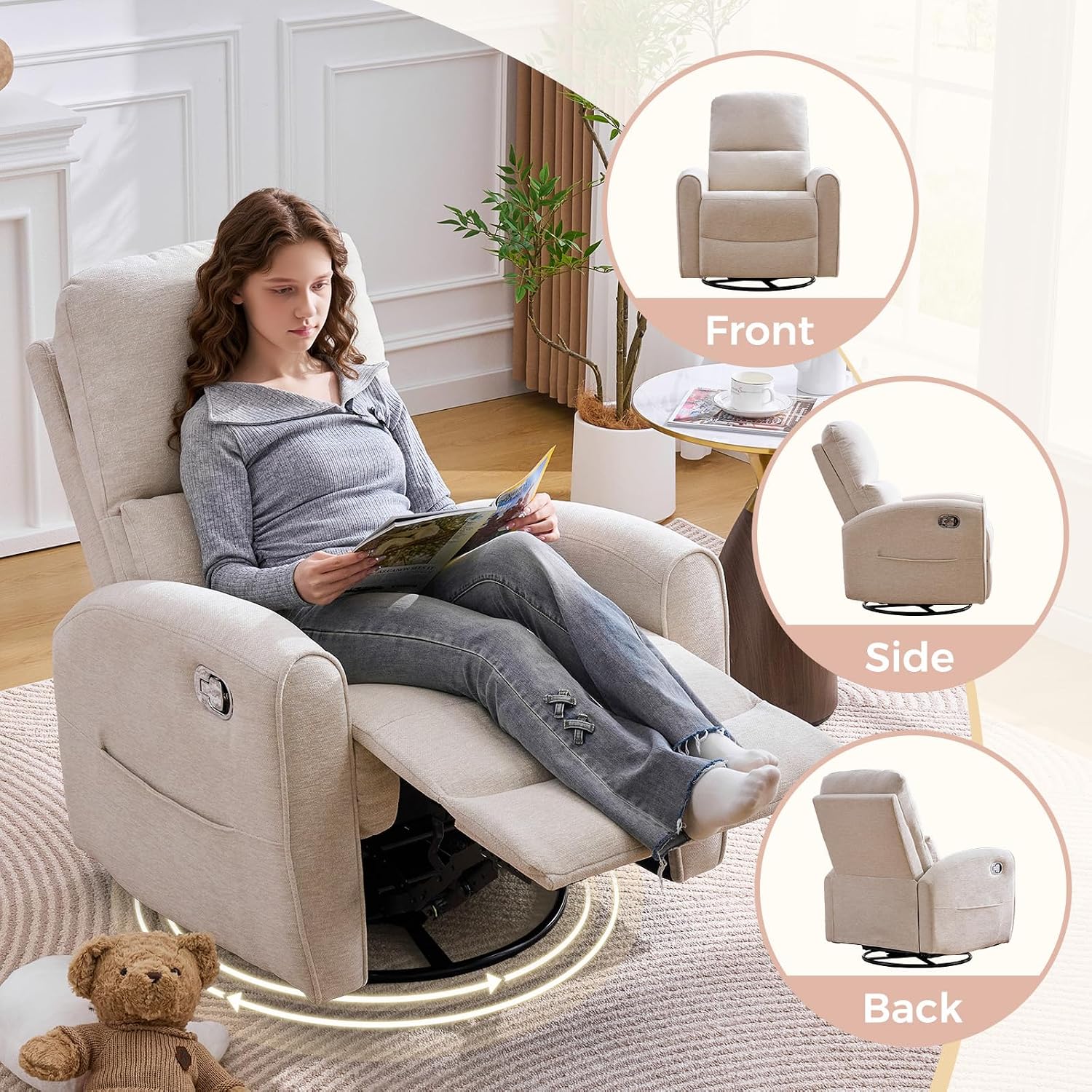 Swivel Rocker Recliner, Manual Swivel Glider Nursery Recliner Chair with Adjustable Headrest and Lumbar Support, Rocking Recling Chairs for Small Space, Living Room, Bedroom, Camel