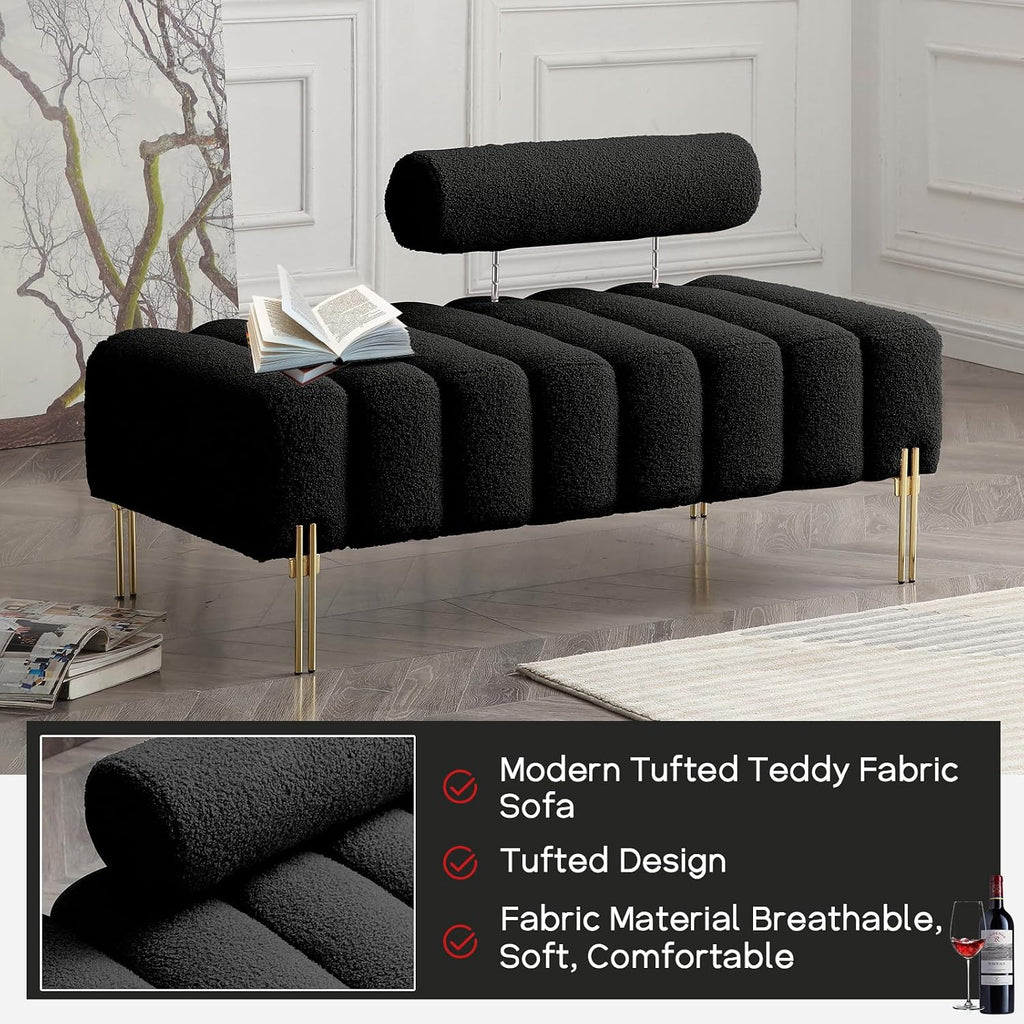 NIOIIKIT 53.2' Modern Loveseat Sofa Couch, Upholstered Accent Sofa with Golden Legs and Adjustable Backrest, Small Teddy Fleece Couches for Bedroom, Living Room, Compact Small Space (Black Teddy)