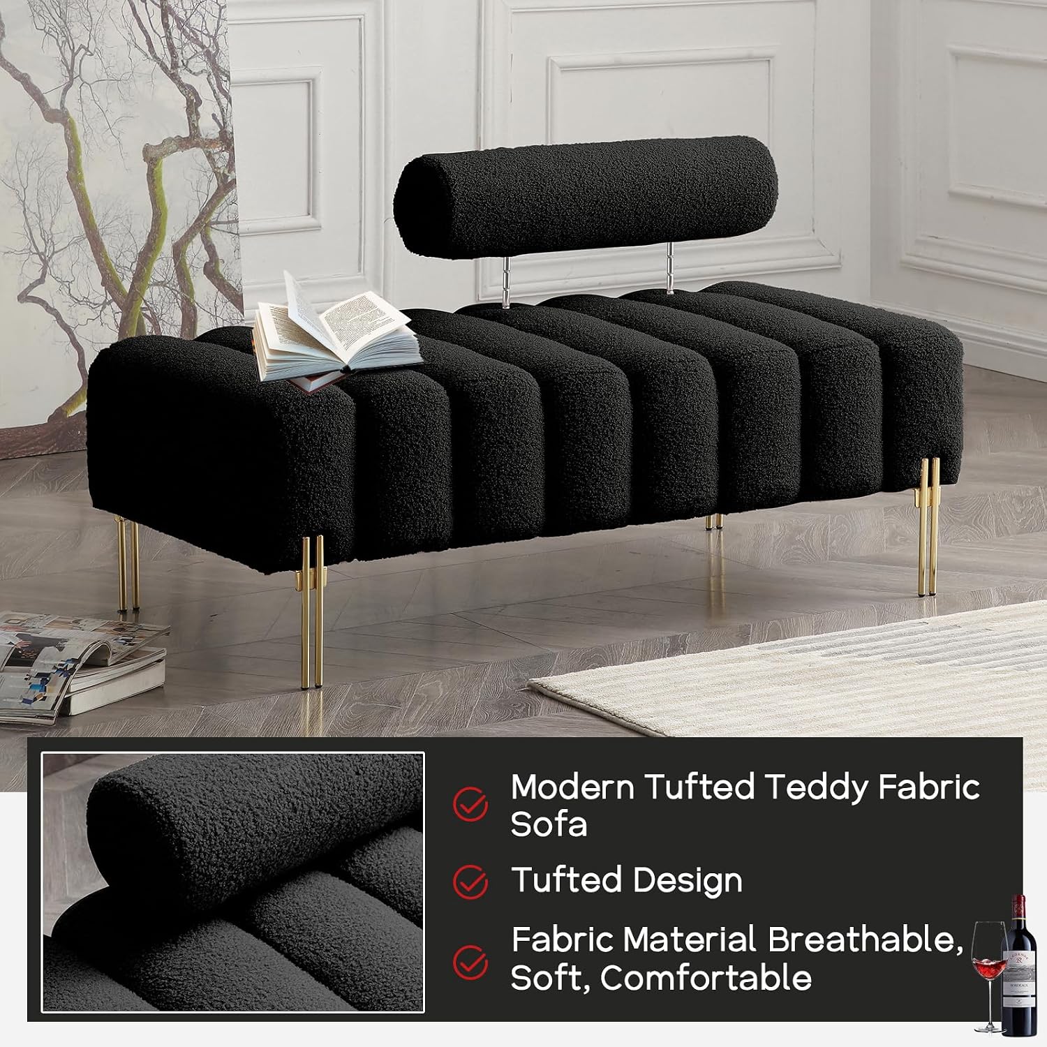 NIOIIKIT 53.2' Modern Loveseat Sofa Couch, Upholstered Accent Sofa with Golden Legs and Adjustable Backrest, Small Teddy Fleece Couches for Bedroom, Living Room, Compact Small Space (Black Teddy)