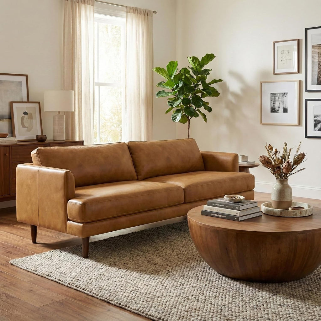 SIMPLIHOME Livingston 90-inch Wide Sofa in Sienna Top Grain Genuine Leather, Handcrafted Mid-Century Modern Couch for Living Room, Large 3-Seater with Feather-Wrapped Cushions and Solid Wood Frame