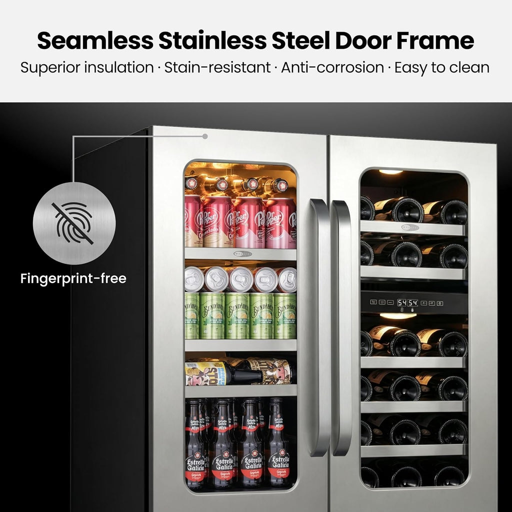 Wine and Beverage Refrigerator, 30' Dual Zone Under Counter Wine Beverage Cooler Built-In or Freestanding Wine Fridge with Glass French Door Holds 80 Can & 29 Bottle
