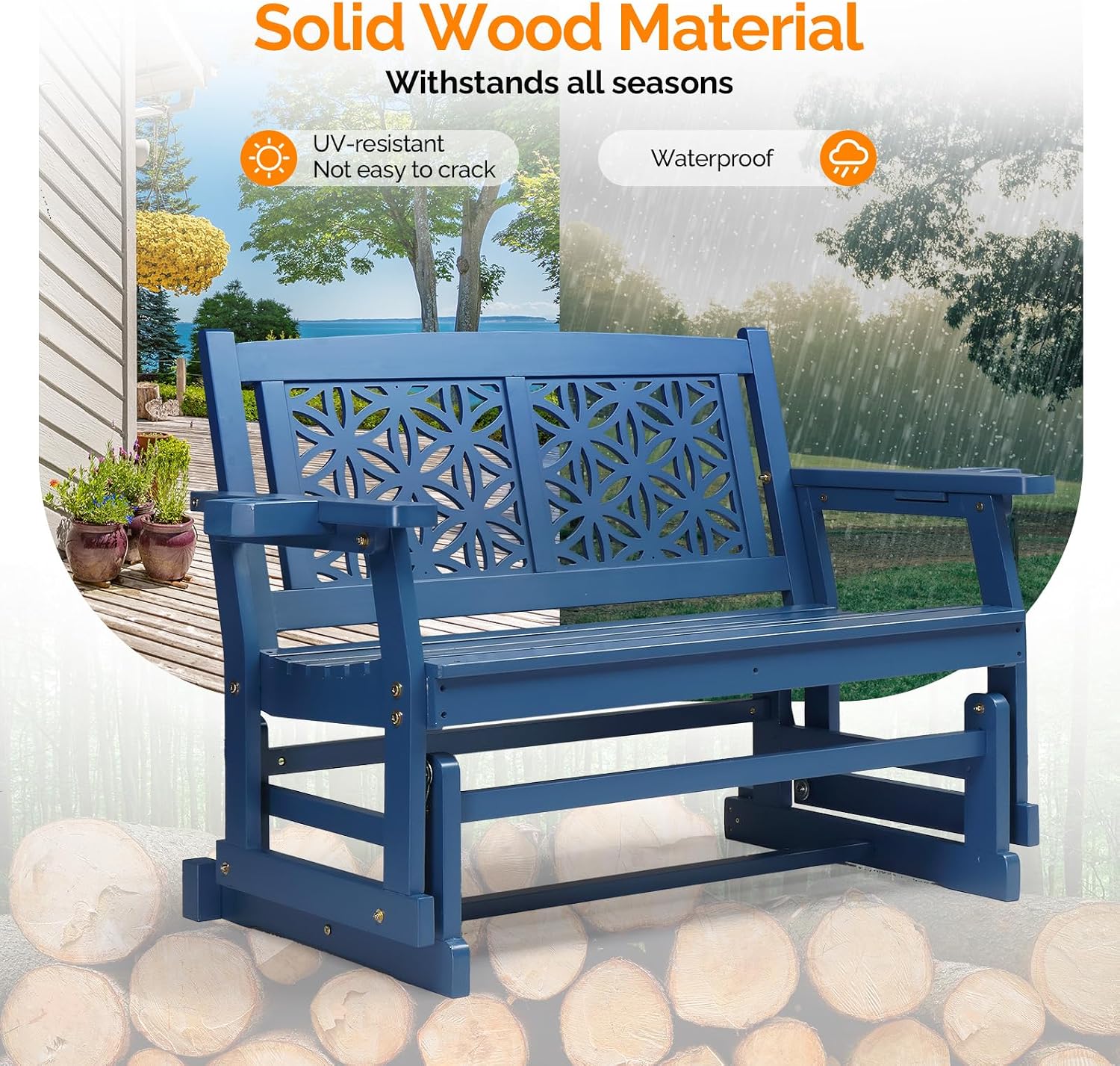 VINGLI Outdoor Glider for Adults, Patio Glider Love Seat with Cup Holders, Wooden Glider Bench with Floral Back for Garden, Yard, Patio, Blue