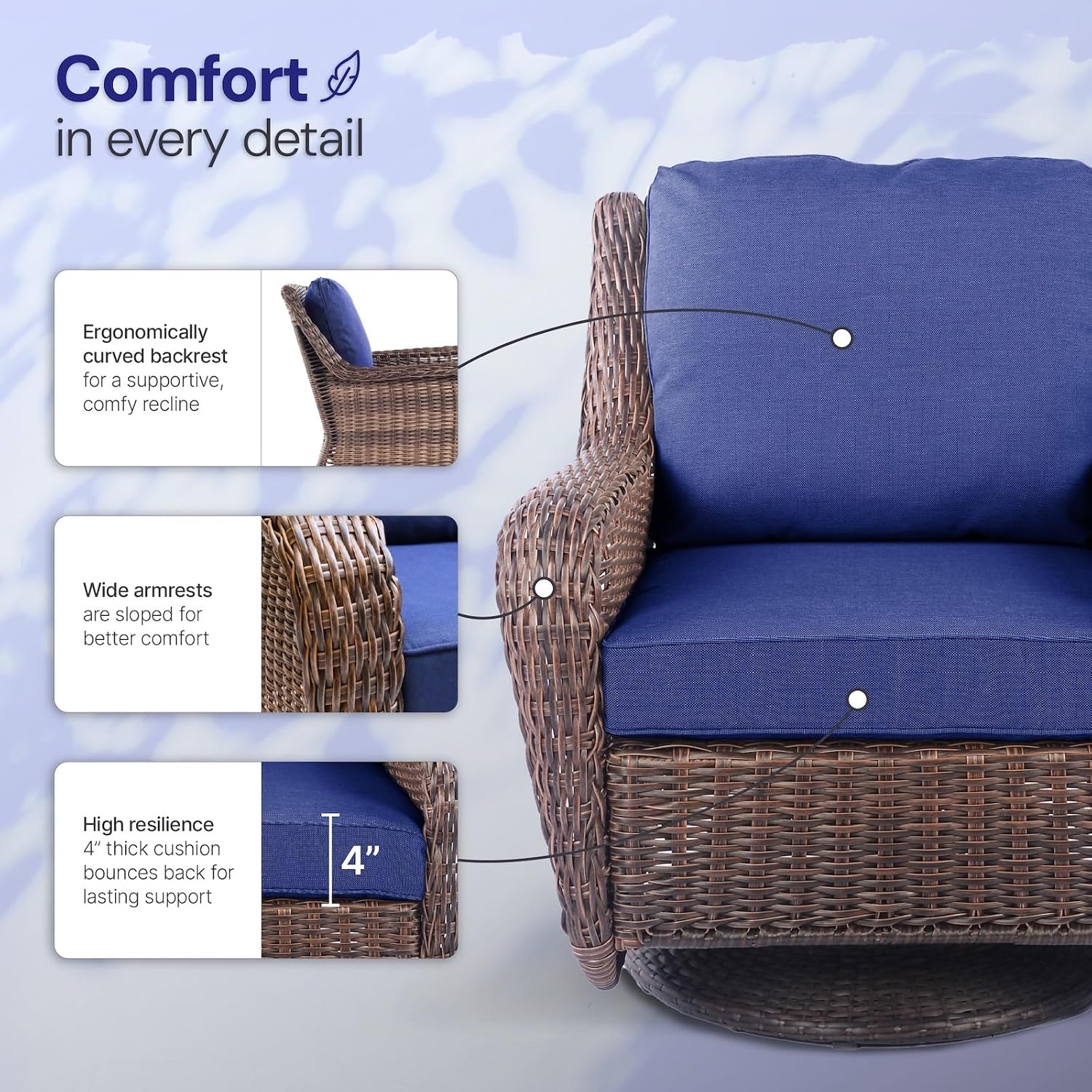 Cambridge Swivel Rocking Patio Chair, Hand-Woven HDPE Wicker Outdoor Rocker with Cushioned Seat and Round Base, All-Weather Porch & Patio Seating, Midnight Navy Blue
