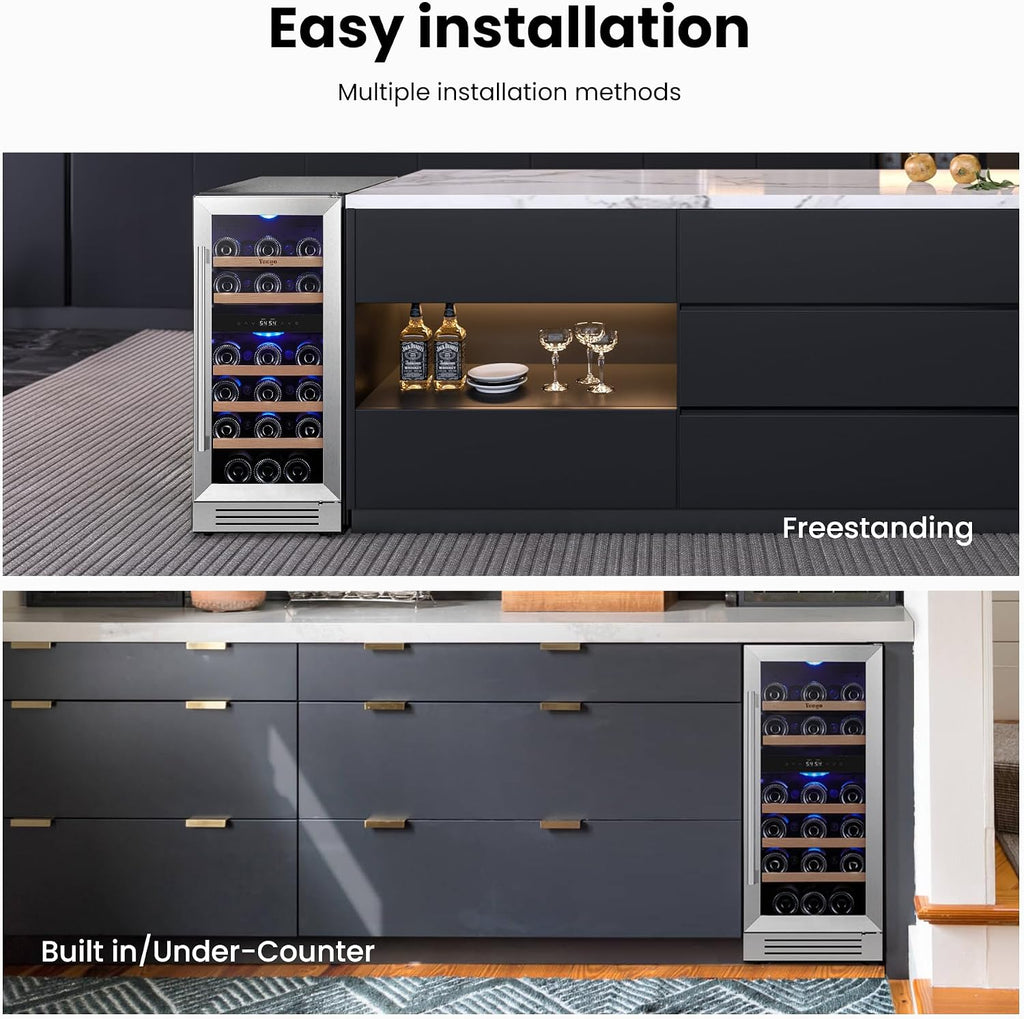 Yeego Wine Fridge Cooler - 15 Inch Dual Zone Wine Fridge Hold 28 Bottles, 40-65°F Wine Refrigerator Glass Door, Built in Fridge, Freestanding Adjustable Shelves Fridge for Beer Soda Drink Home Bar