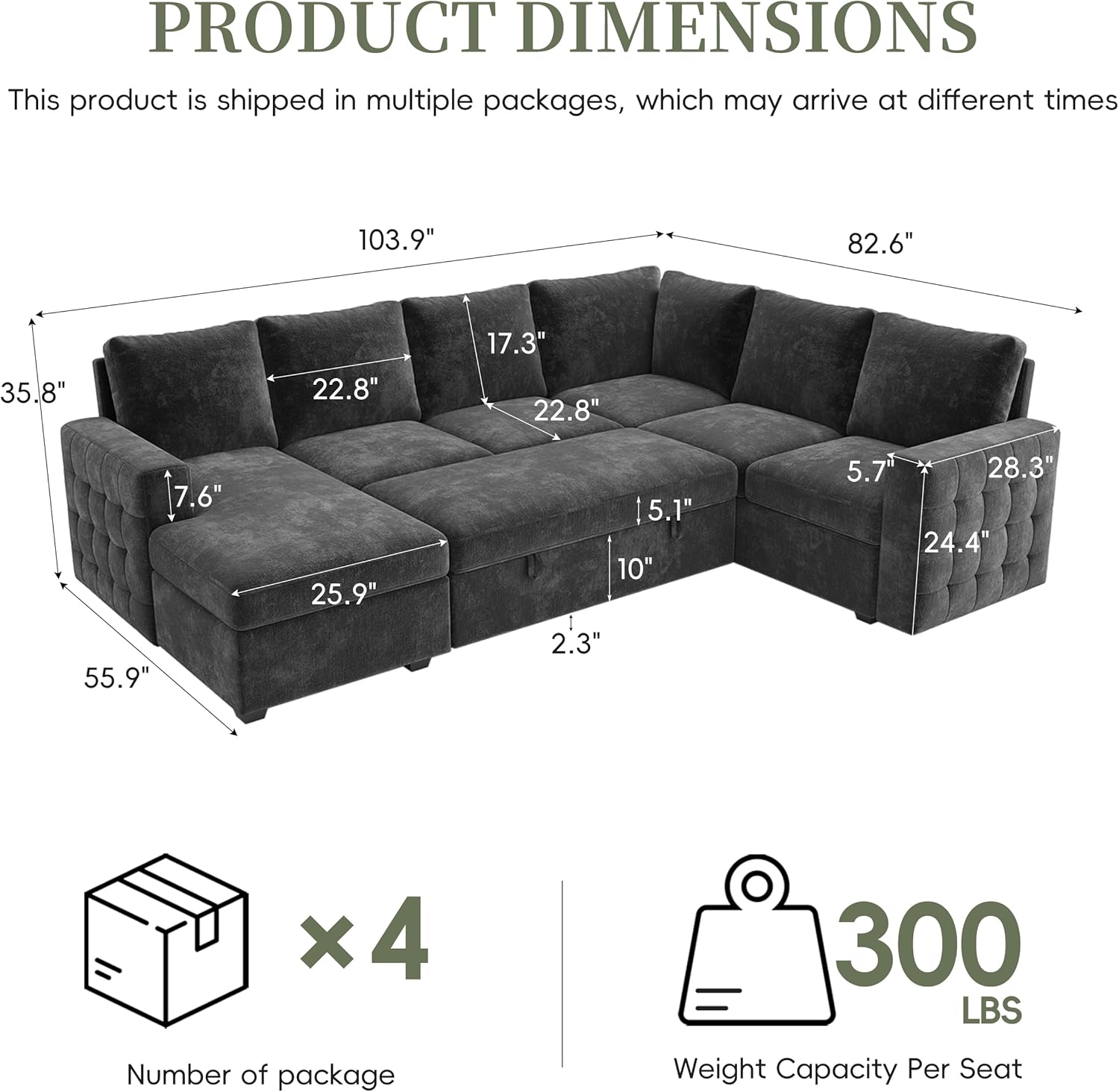 104' Sectional Sleeper Sofa Bed, Pull Out Couch with Storage, Modular Cloud Sofa with Chaise, 7 Seat U Shaped Sectional Couches for Living Room& Apartment, Convertible Sofas, Gray Couch
