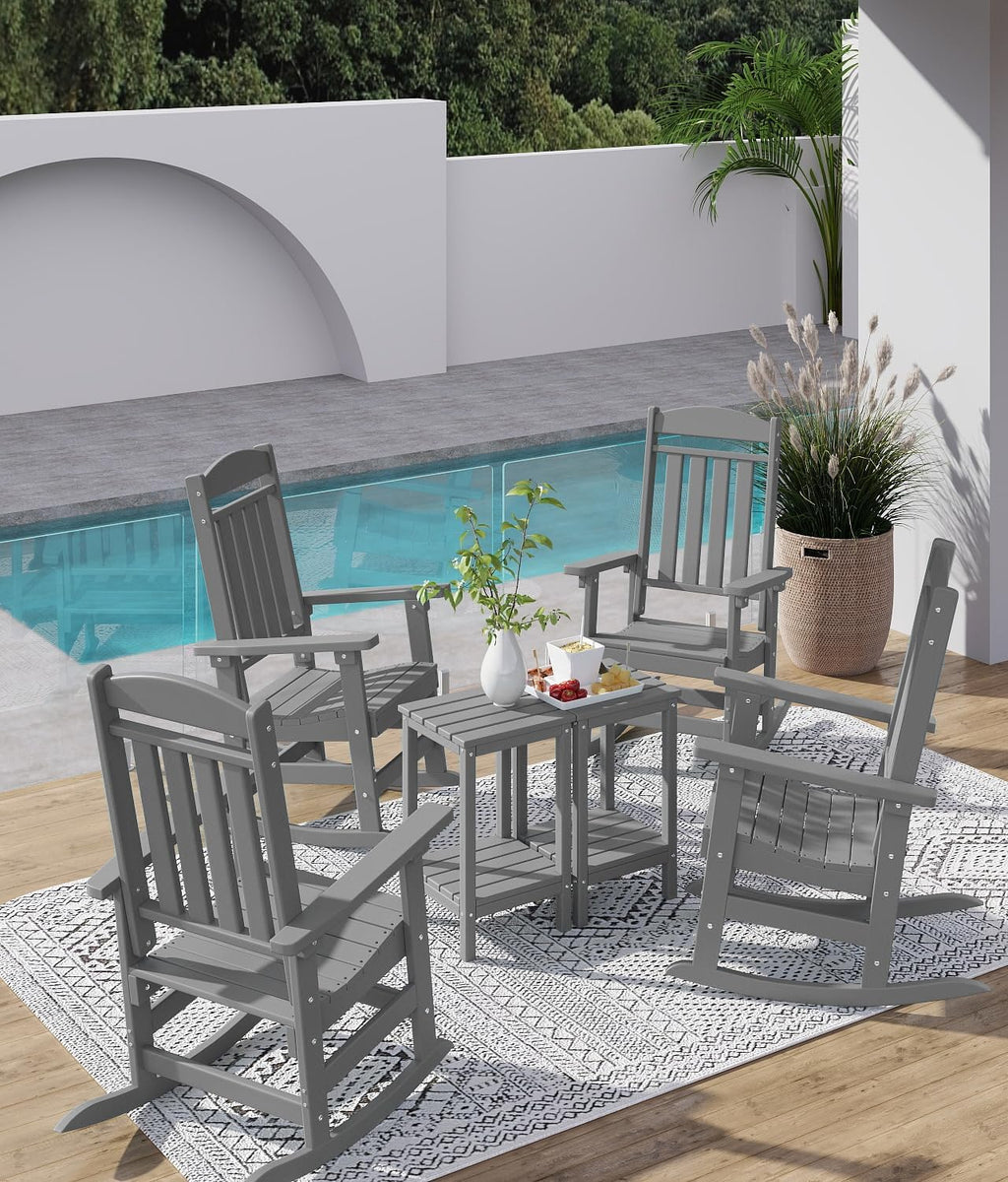 FOOWIN Outdoor Rocking Chair Set of 4, High Back Patio Rocking Chair, HDPE All Weather Resistant Porch Rocker for Adult, Oversized Rocking Chairs for Garden, Lawn, Indoor & Outdoor Use, Grey