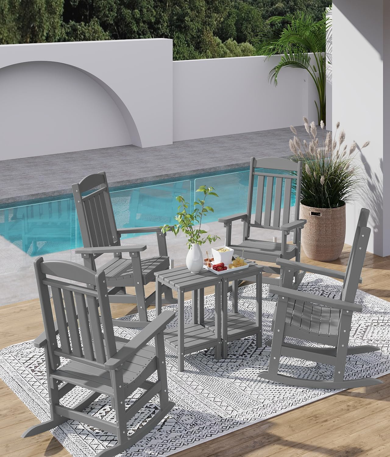 FOOWIN Outdoor Rocking Chair Set of 4, High Back Patio Rocking Chair, HDPE All Weather Resistant Porch Rocker for Adult, Oversized Rocking Chairs for Garden, Lawn, Indoor & Outdoor Use, Grey