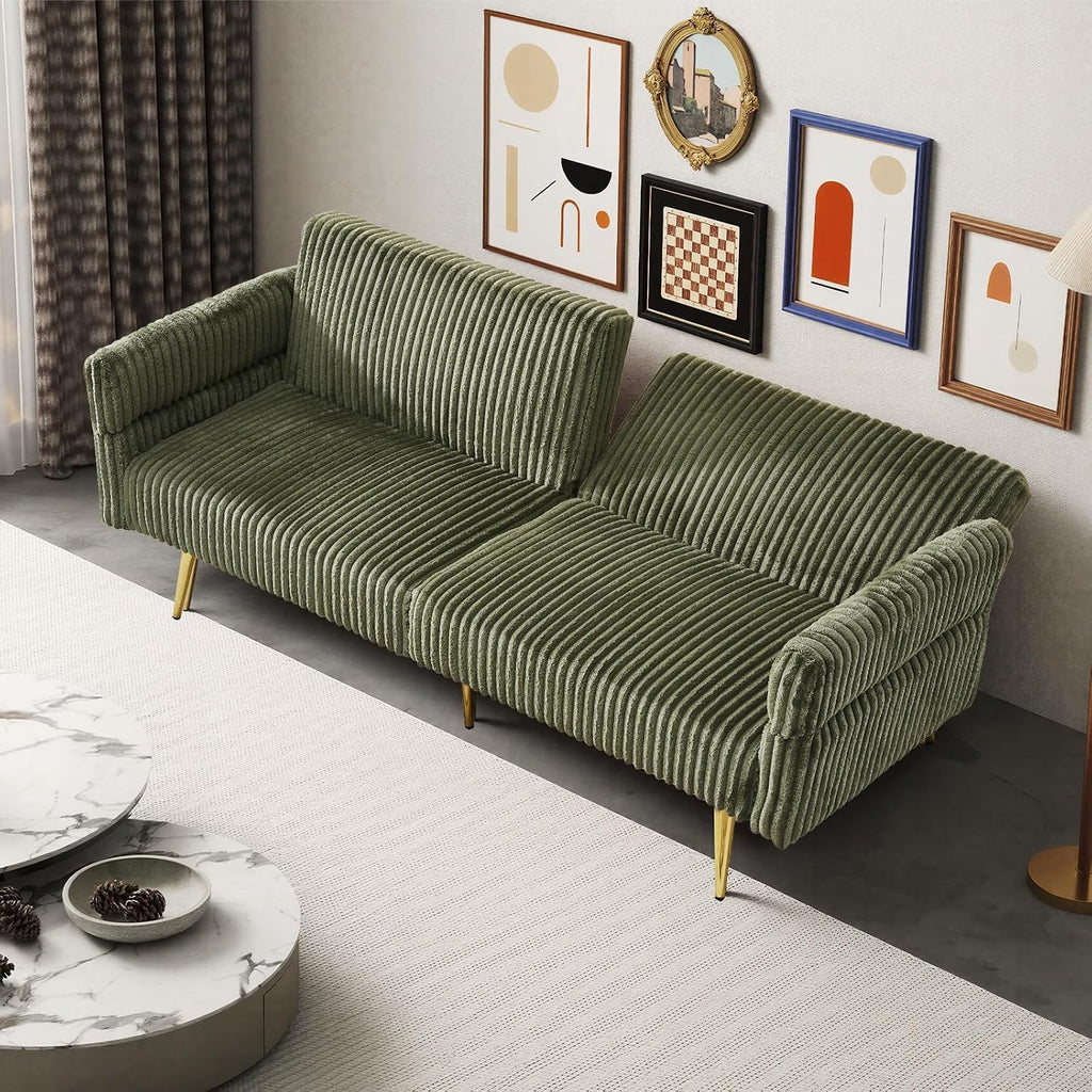 Rovibek Futon Sofa Bed, Convertible Futon Couch Bed with Adjustable Backrest, 2 Pillows, Corduroy Loveseat Futon for Small Spaces, Living Room, Apartment, Office, Green