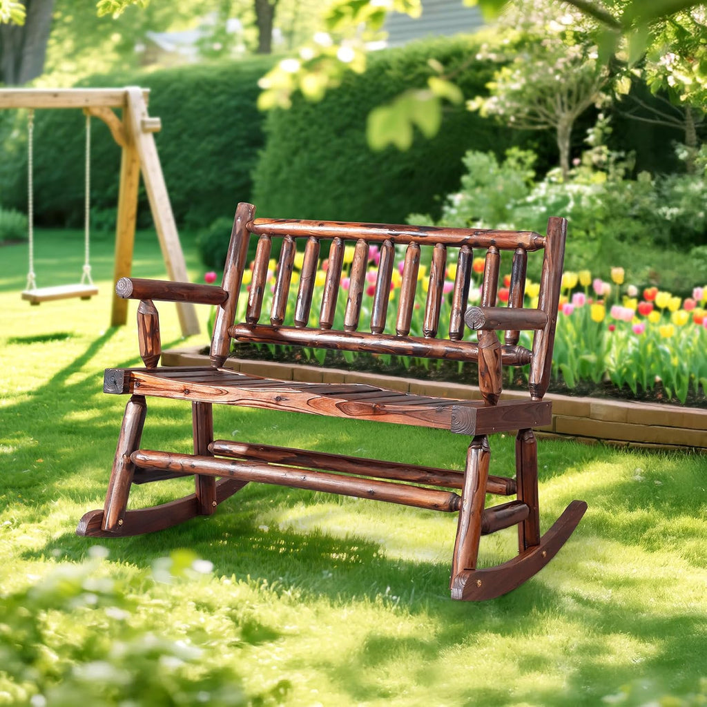 VINGLI Fir Wood Double Rocking Chair for Porch & Garden - 550lb Capacity Weather-Resistant Outdoor Glider Bench with High Backrest, Patio Rocker for Couples Backyard, Deck, Rustic