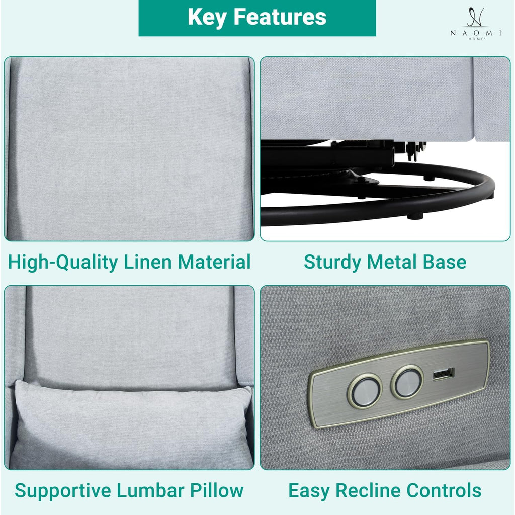 Naomi Home Tanya Luxury Motion Recliner Chair, Light Gray – Plush Upholstered Glider Rocker with USB Charging, Swivel, and Lumbar Support for Nursery Comfort, 275 lbs Capacity