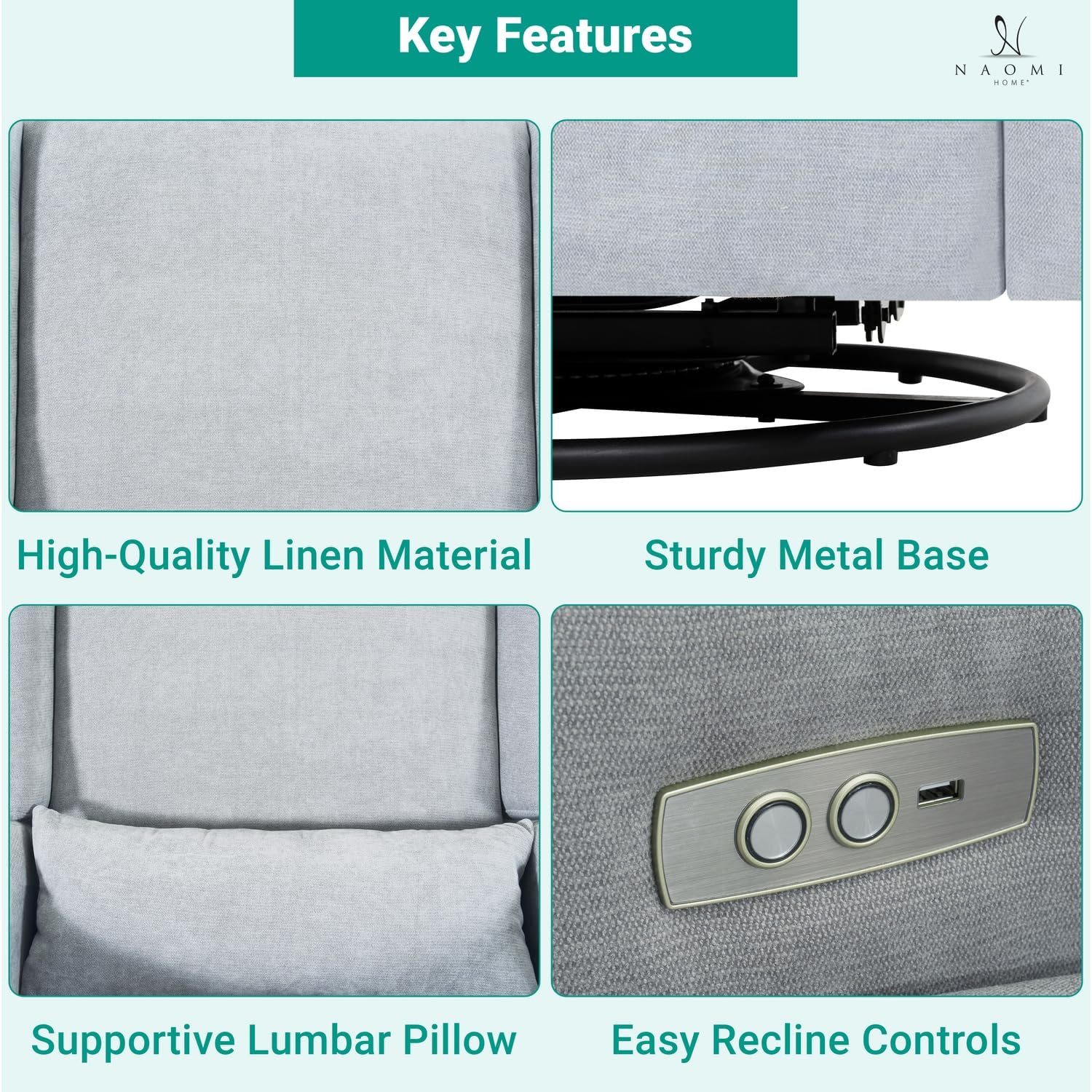 Naomi Home Tanya Luxury Motion Recliner Chair, Light Gray – Plush Upholstered Glider Rocker with USB Charging, Swivel, and Lumbar Support for Nursery Comfort, 275 lbs Capacity