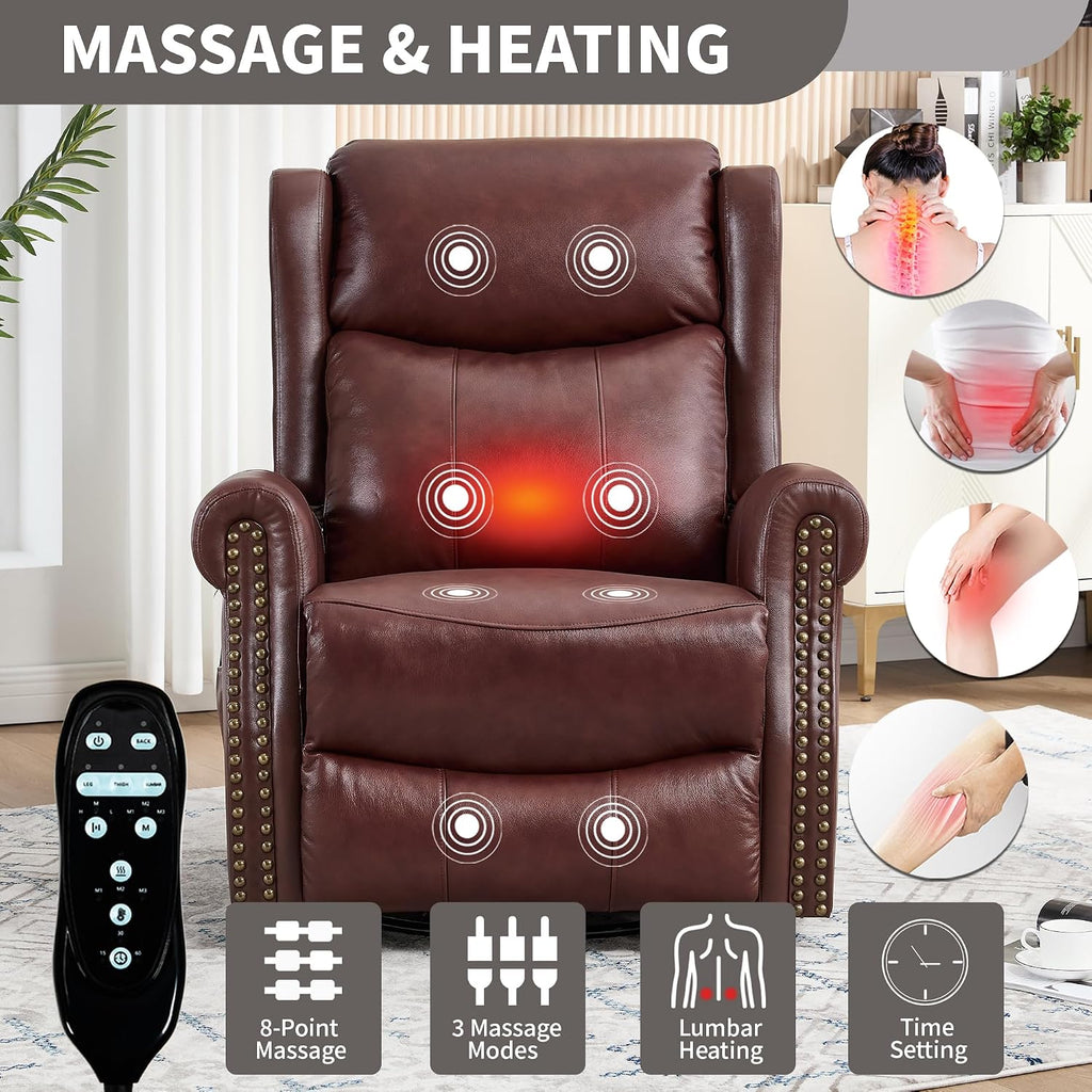 360° Swivel Glider Chair for Nursery, Wingback Genuine Leather Rocking Recliner with Lumbar Heat & Massage, 8-Point Vibration Massage for Living Room Bedroom