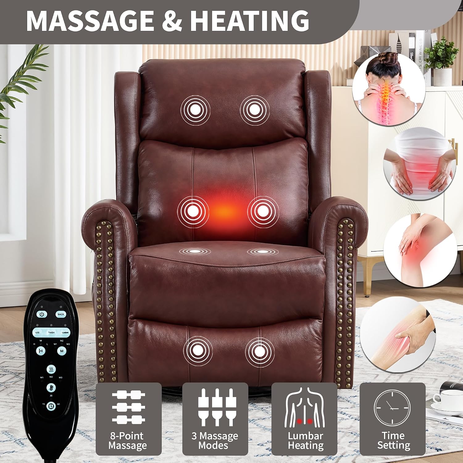 360° Swivel Glider Chair for Nursery, Wingback Genuine Leather Rocking Recliner with Lumbar Heat & Massage, 8-Point Vibration Massage for Living Room Bedroom